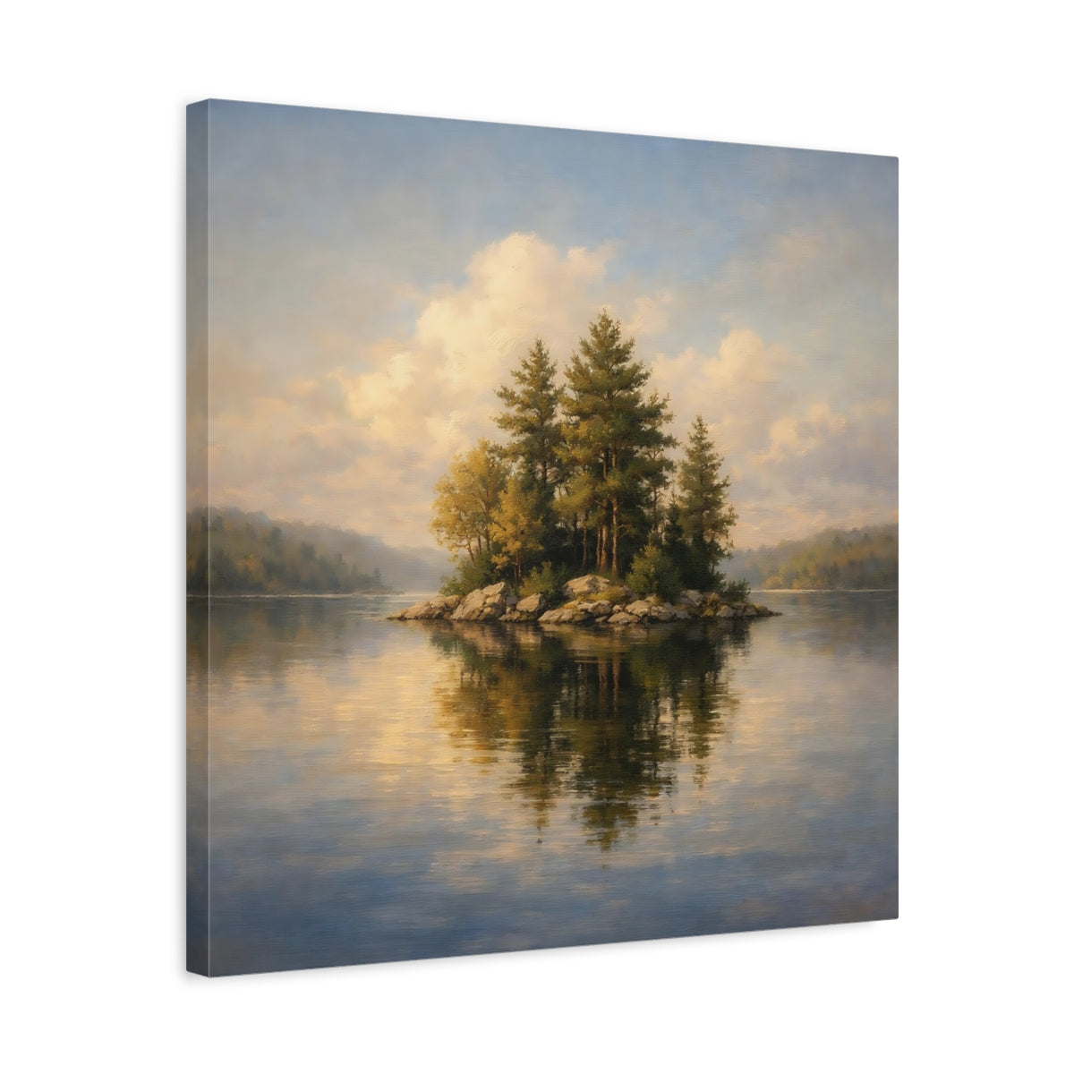 Side Mockup 5. Nature Lake Island Green Blue Landscape shown as stretched canvas wall art