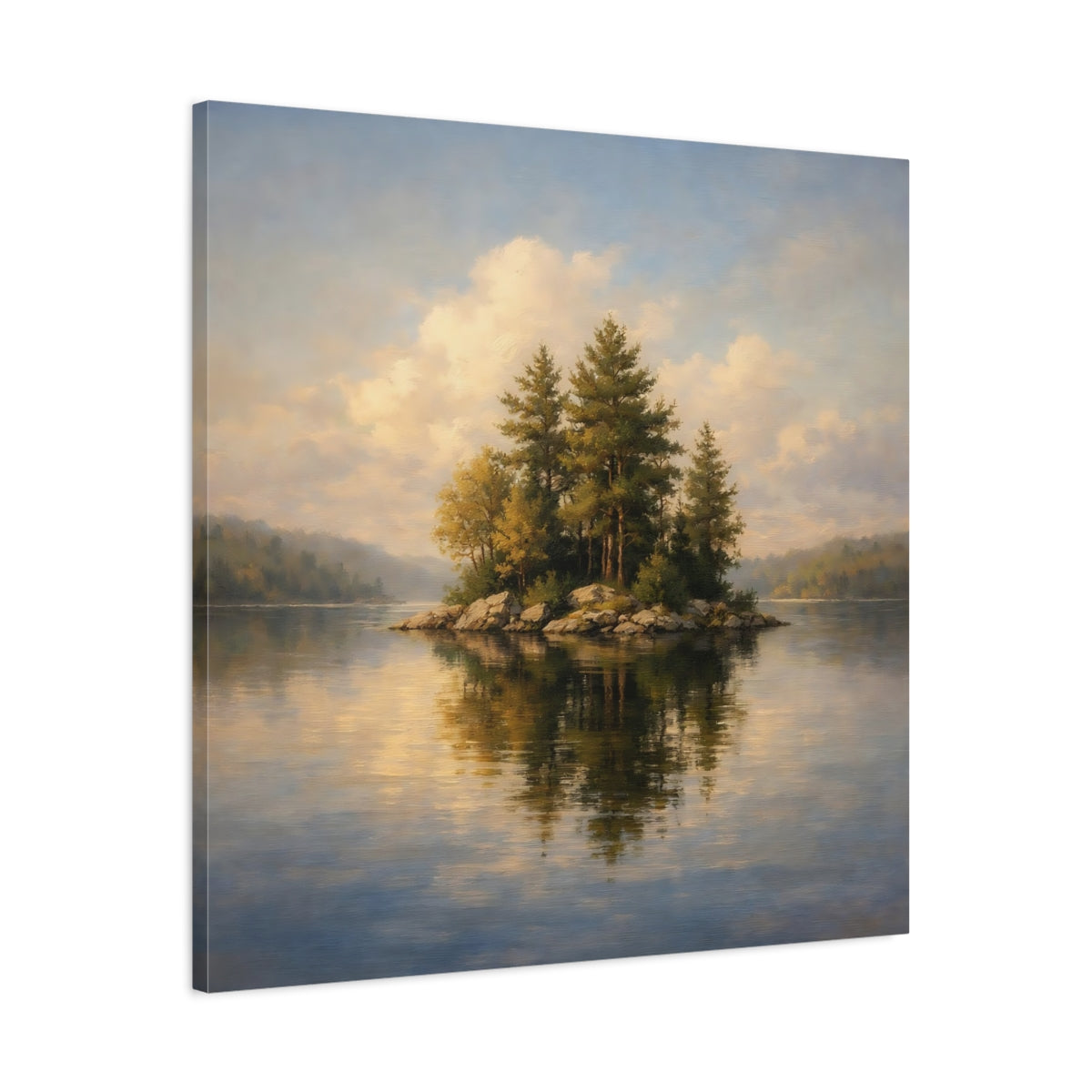 Side Mockup 3. Nature Lake Island Green Blue Landscape shown as stretched canvas wall art