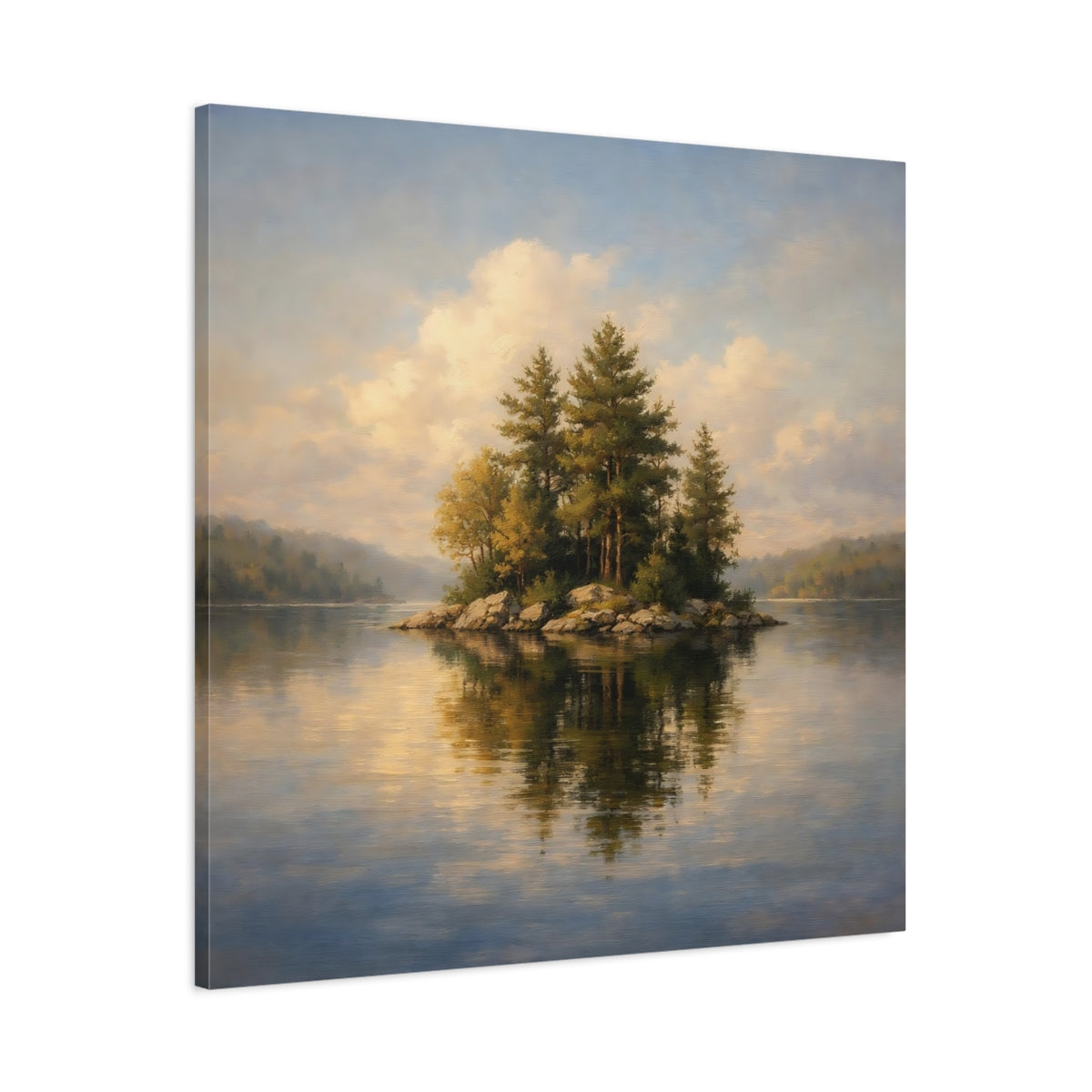 Side Mockup 2. Nature Lake Island Green Blue Landscape shown as stretched canvas wall art