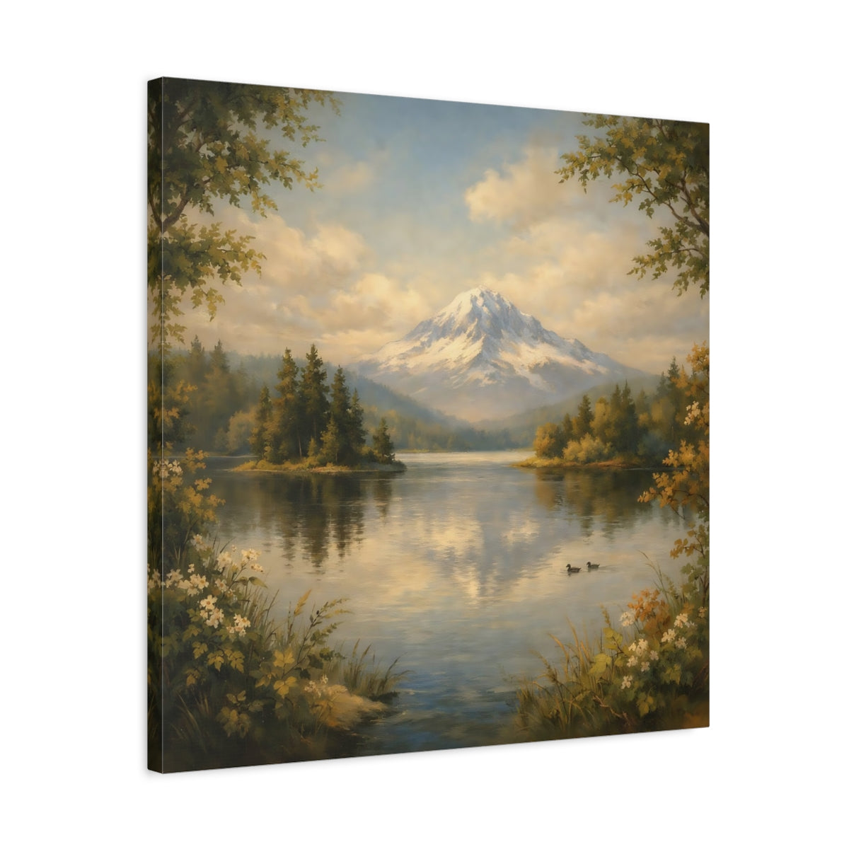 Side Mockup 4. Nature Mountain Lake Green Blue Landscape shown as stretched canvas wall art
