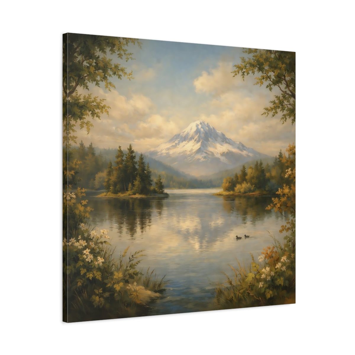 Side Mockup 3. Nature Mountain Lake Green Blue Landscape shown as stretched canvas wall art
