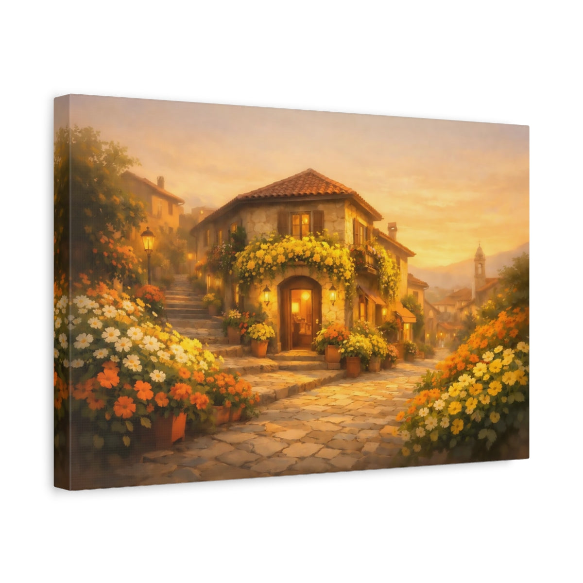 Golden Glow Flower Street Tuscan Village Floral - Canvas Wall Art Print