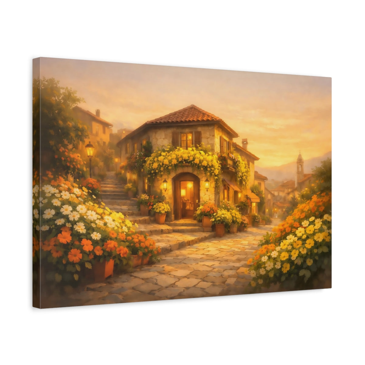 Golden Glow Flower Street Tuscan Village Floral - Canvas Wall Art Print