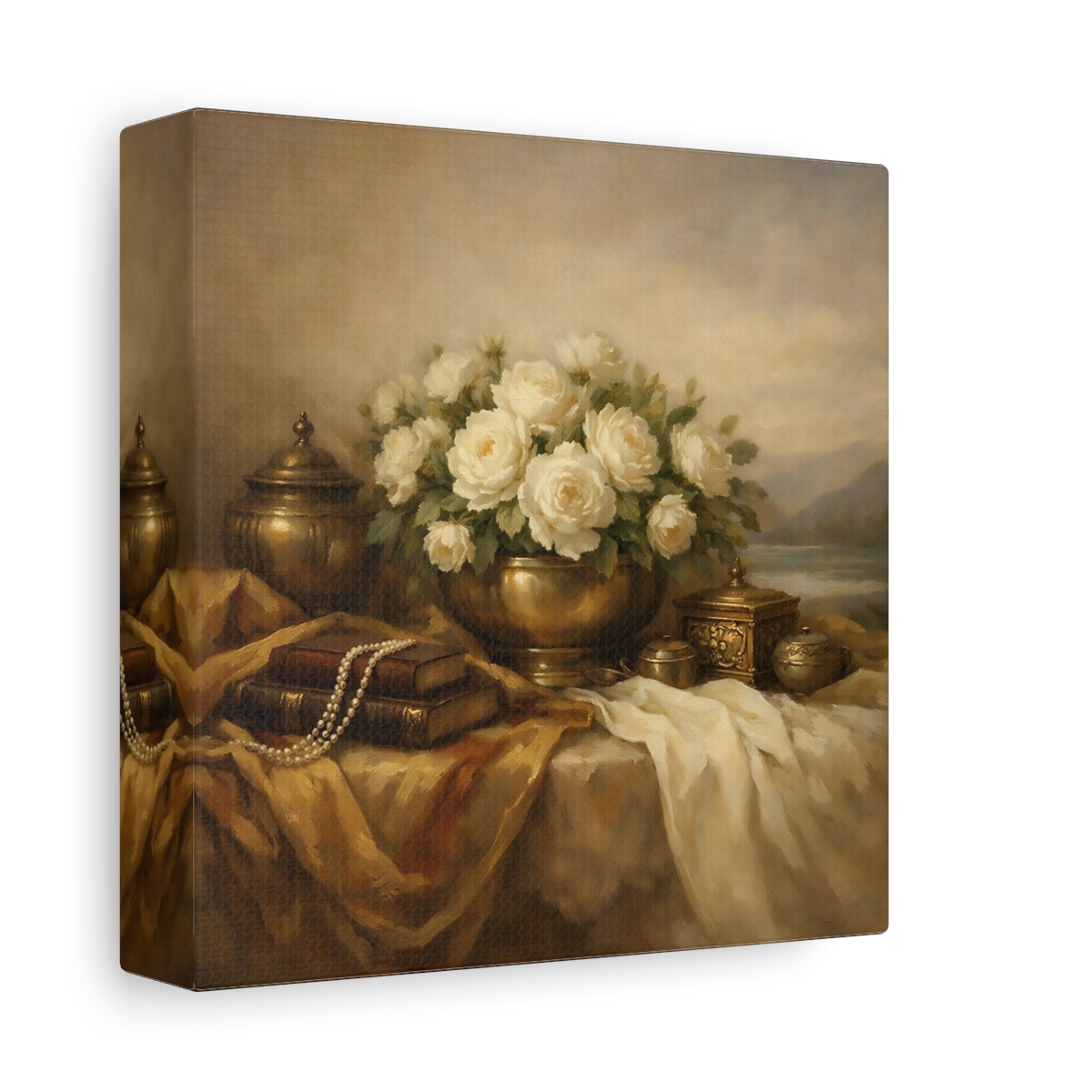 Side Mockup 1. Floral White Roses White Roses And Gold shown as stretched canvas wall art