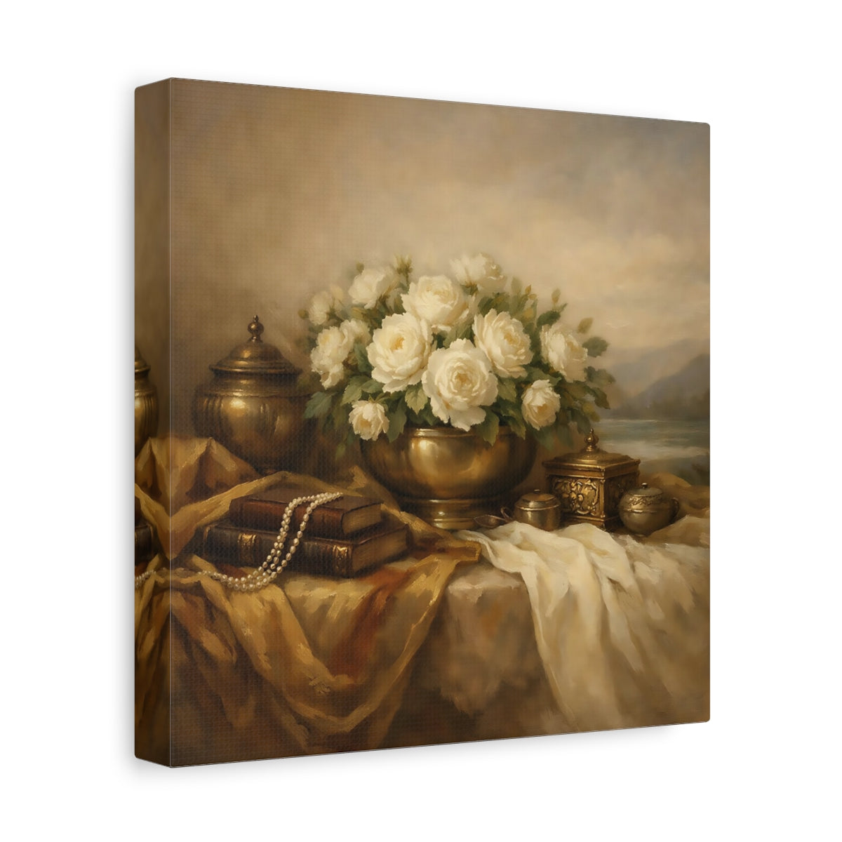 Side Mockup 9. Floral White Roses White Roses And Gold shown as stretched canvas wall art