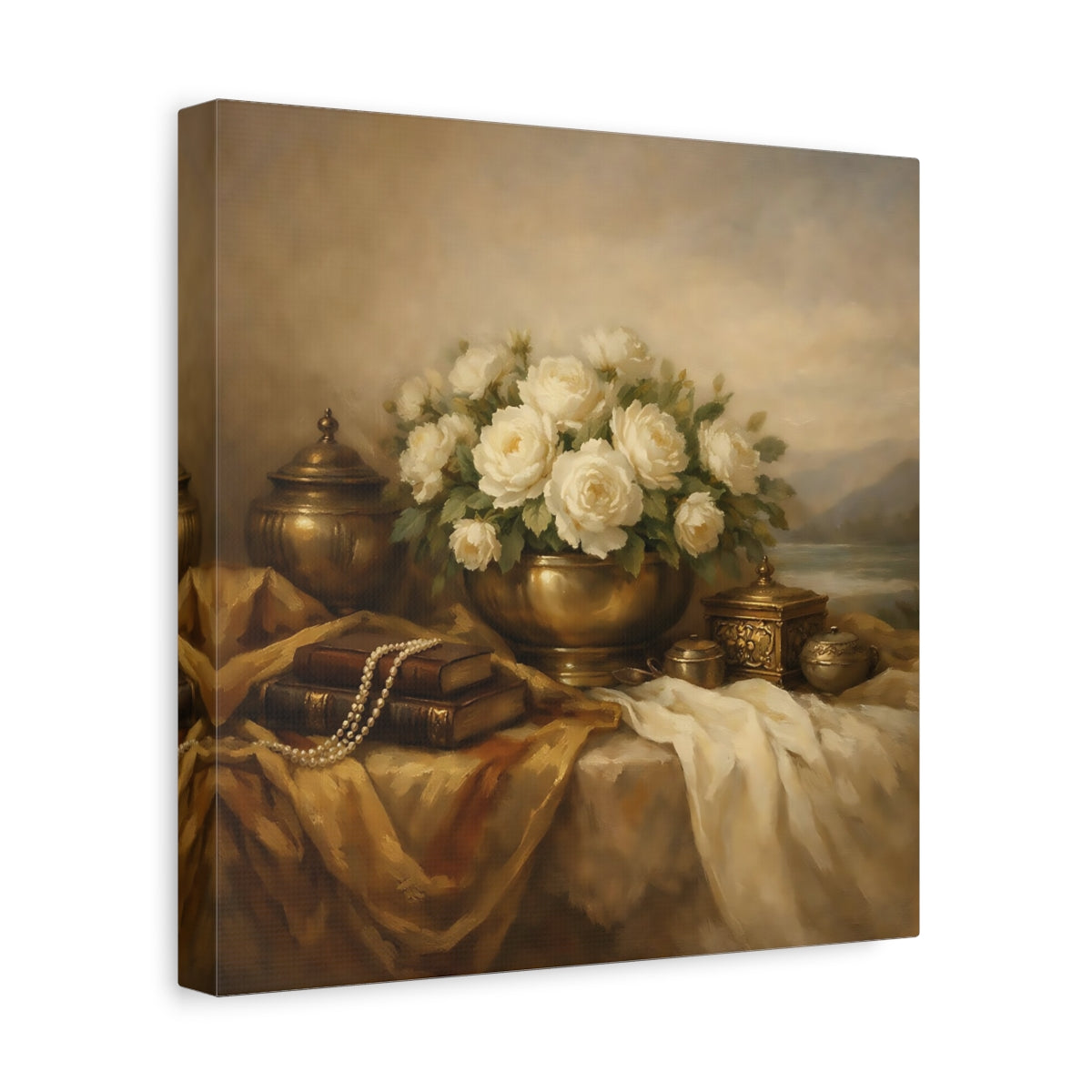 Side Mockup 8. Floral White Roses White Roses And Gold shown as stretched canvas wall art