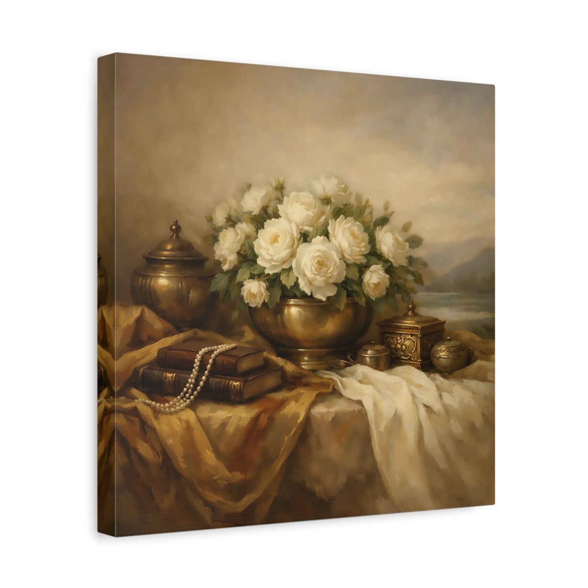 Side Mockup 7. Floral White Roses White Roses And Gold shown as stretched canvas wall art