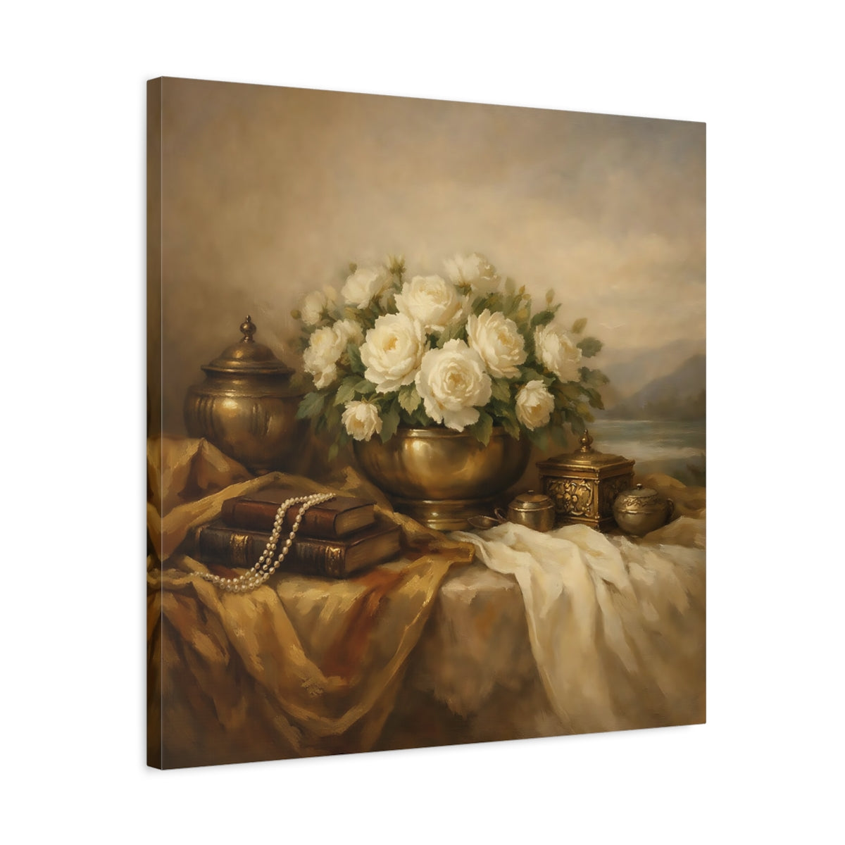 Side Mockup 4. Floral White Roses White Roses And Gold shown as stretched canvas wall art