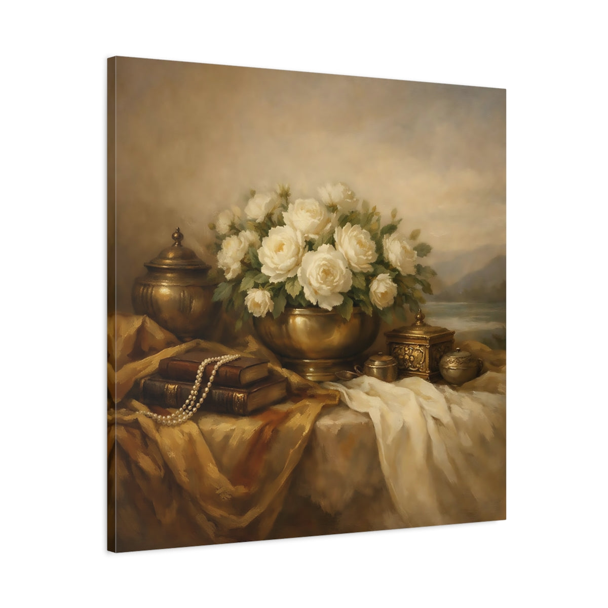 Side Mockup 3. Floral White Roses White Roses And Gold shown as stretched canvas wall art