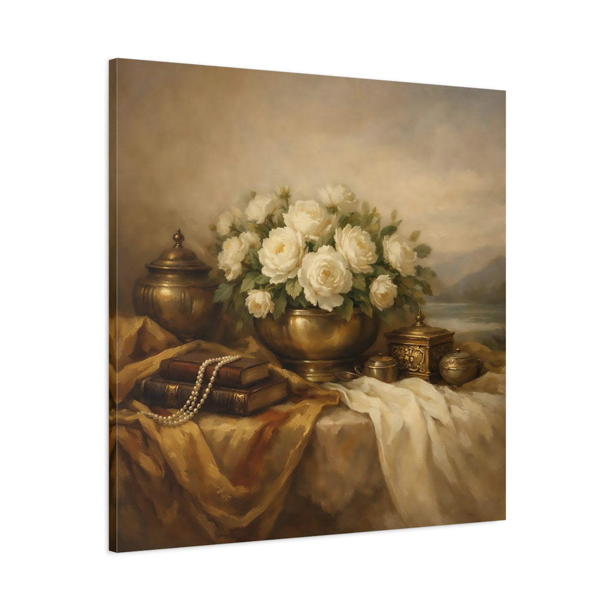 Side Mockup 2. Floral White Roses White Roses And Gold shown as stretched canvas wall art