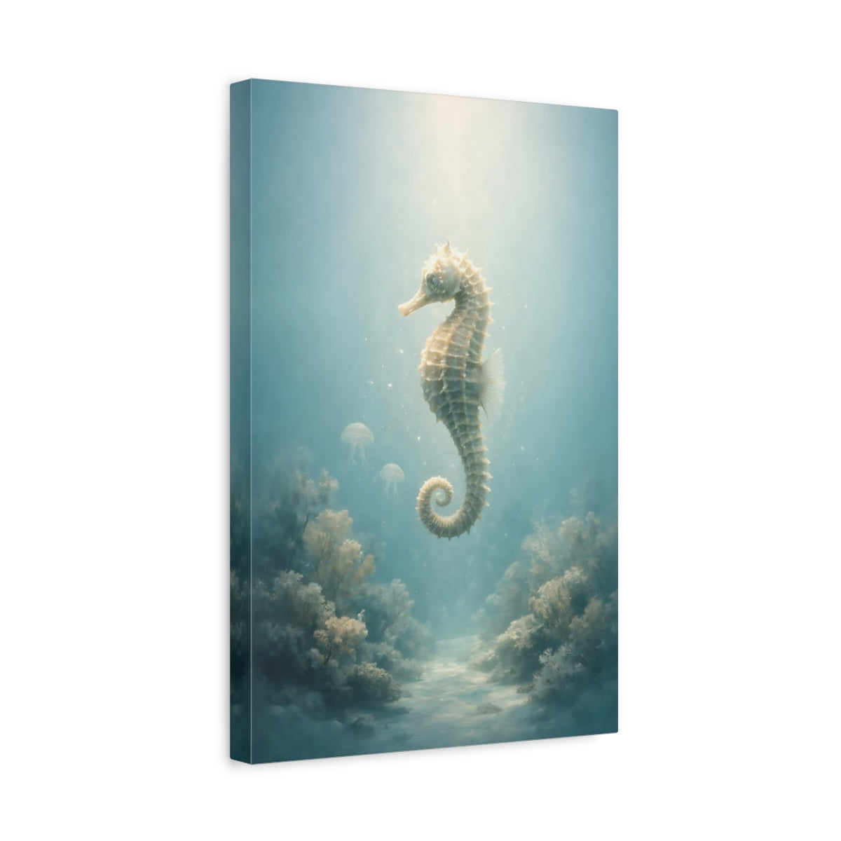 Side Mockup 4. Nature Seahorse Seahorse Aqua shown as stretched canvas wall art
