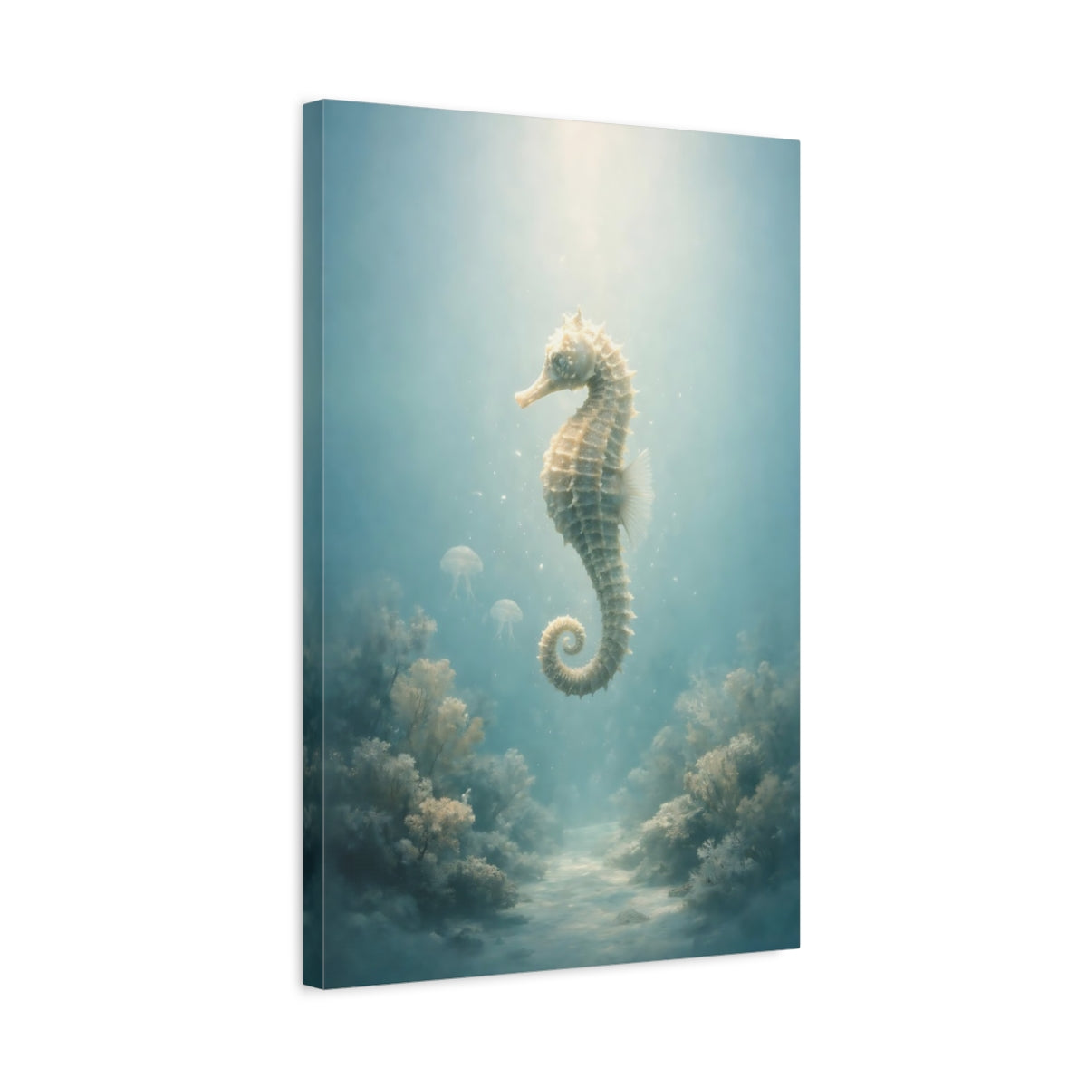 Side Mockup 3. Nature Seahorse Seahorse Aqua shown as stretched canvas wall art