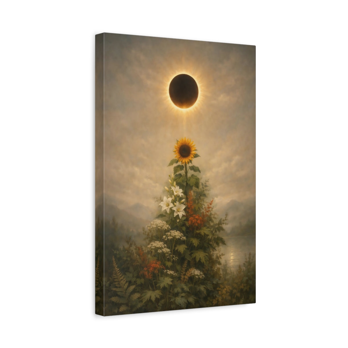 Side Mockup 4. Nature Solar Eclipse, Sunflower Eclipse Floral shown as stretched canvas wall art