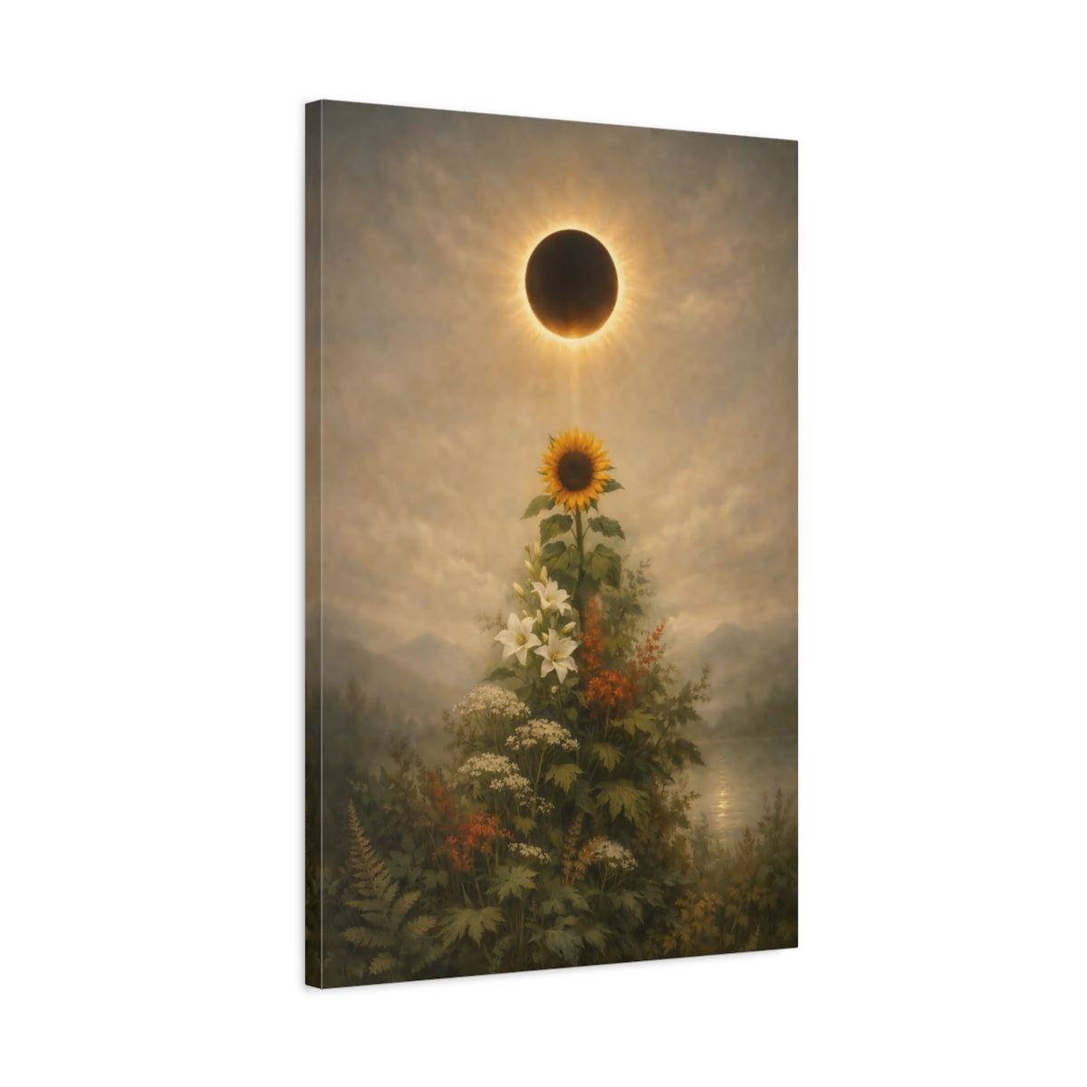Side Mockup 2. Nature Solar Eclipse, Sunflower Eclipse Floral shown as stretched canvas wall art