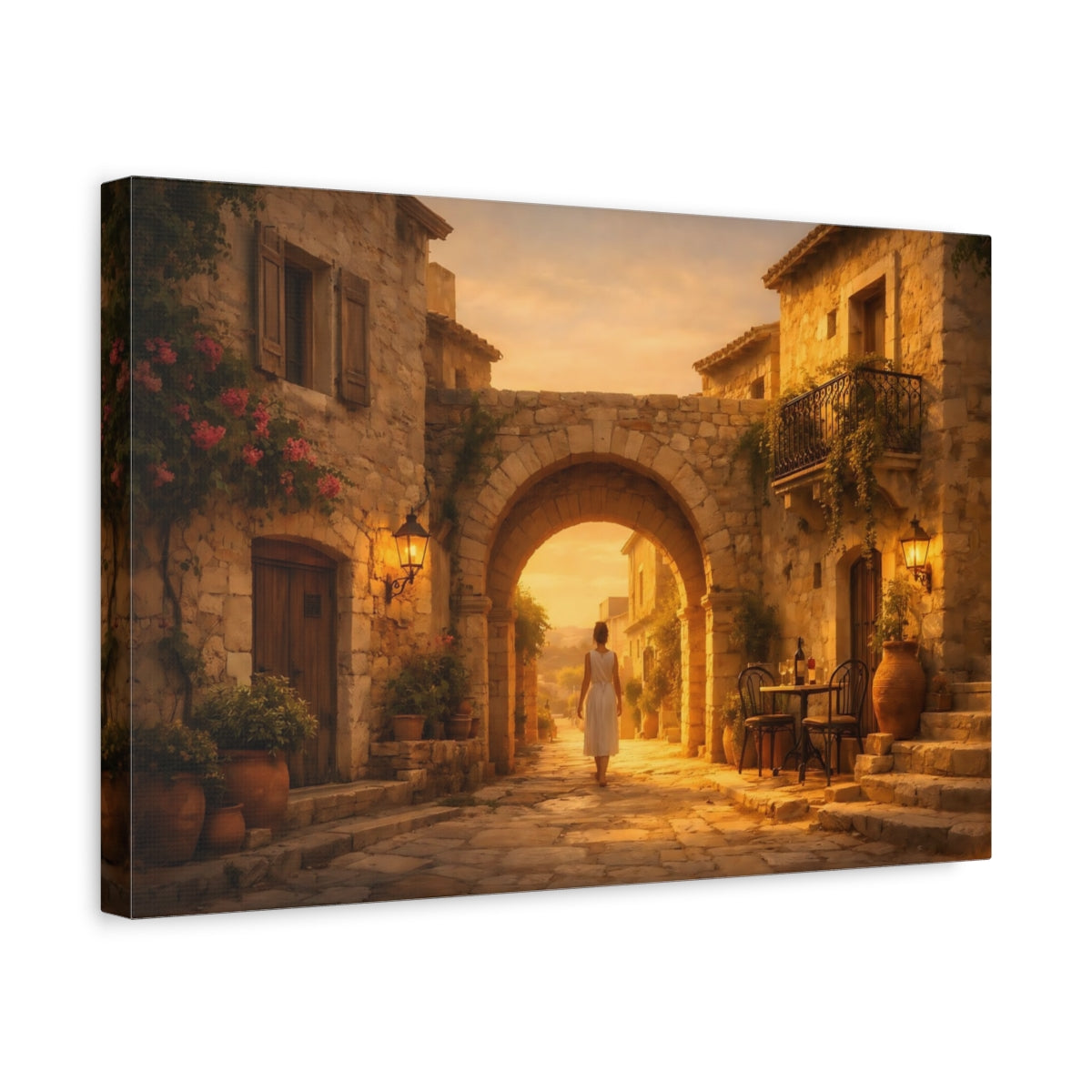 Golden Glow Mediterranean Old Street Village Vintage - Canvas Wall Art Print