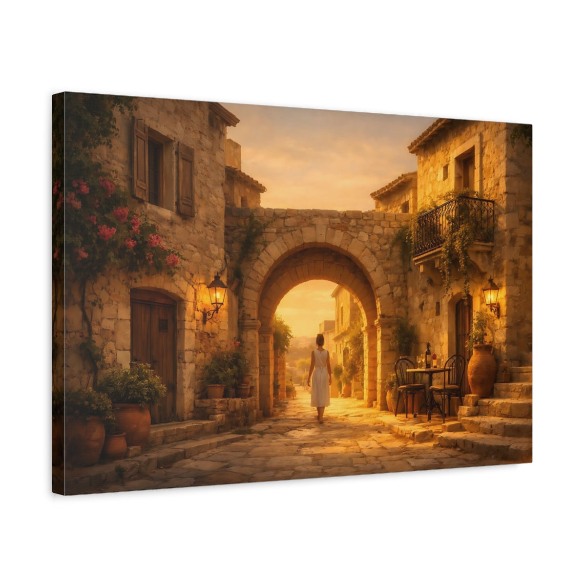 Golden Glow Mediterranean Old Street Village Vintage - Canvas Wall Art Print