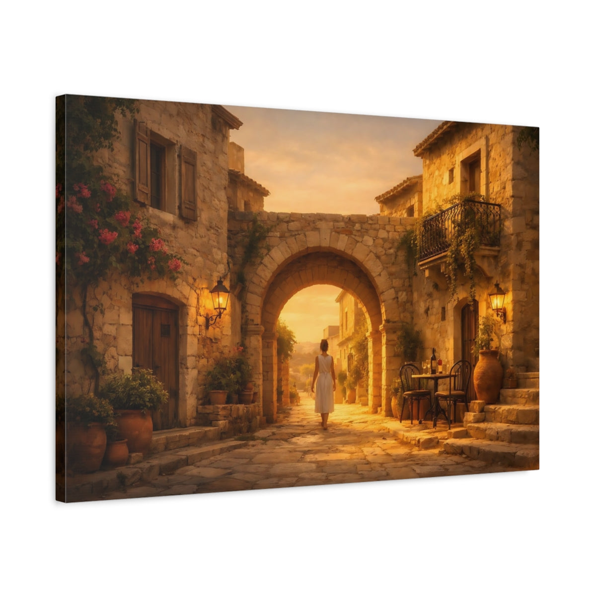 Golden Glow Mediterranean Old Street Village Vintage - Canvas Wall Art Print