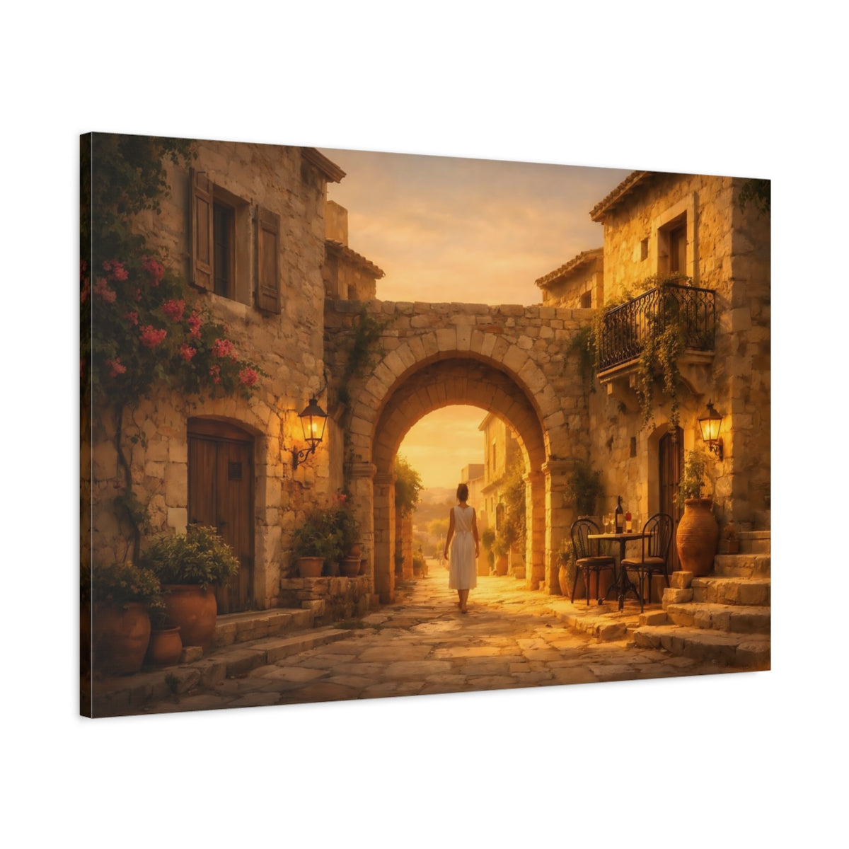 Golden Glow Mediterranean Old Street Village Vintage - Canvas Wall Art Print