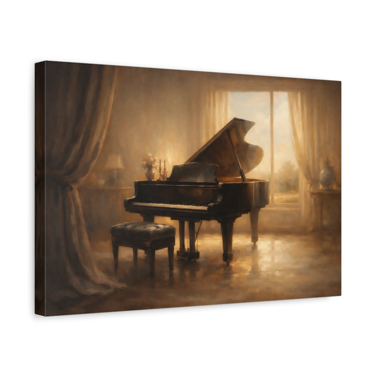 Side Mockup 4. Vintage Grand Piano Brown And Gold shown as stretched canvas wall art