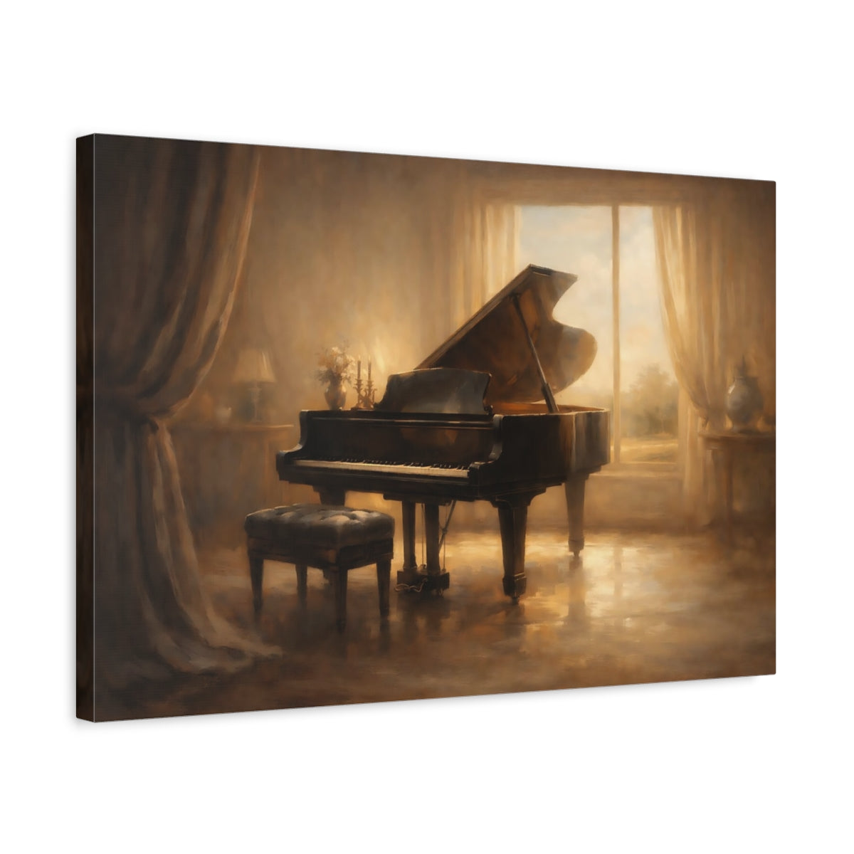 Side Mockup 3. Vintage Grand Piano Brown And Gold shown as stretched canvas wall art