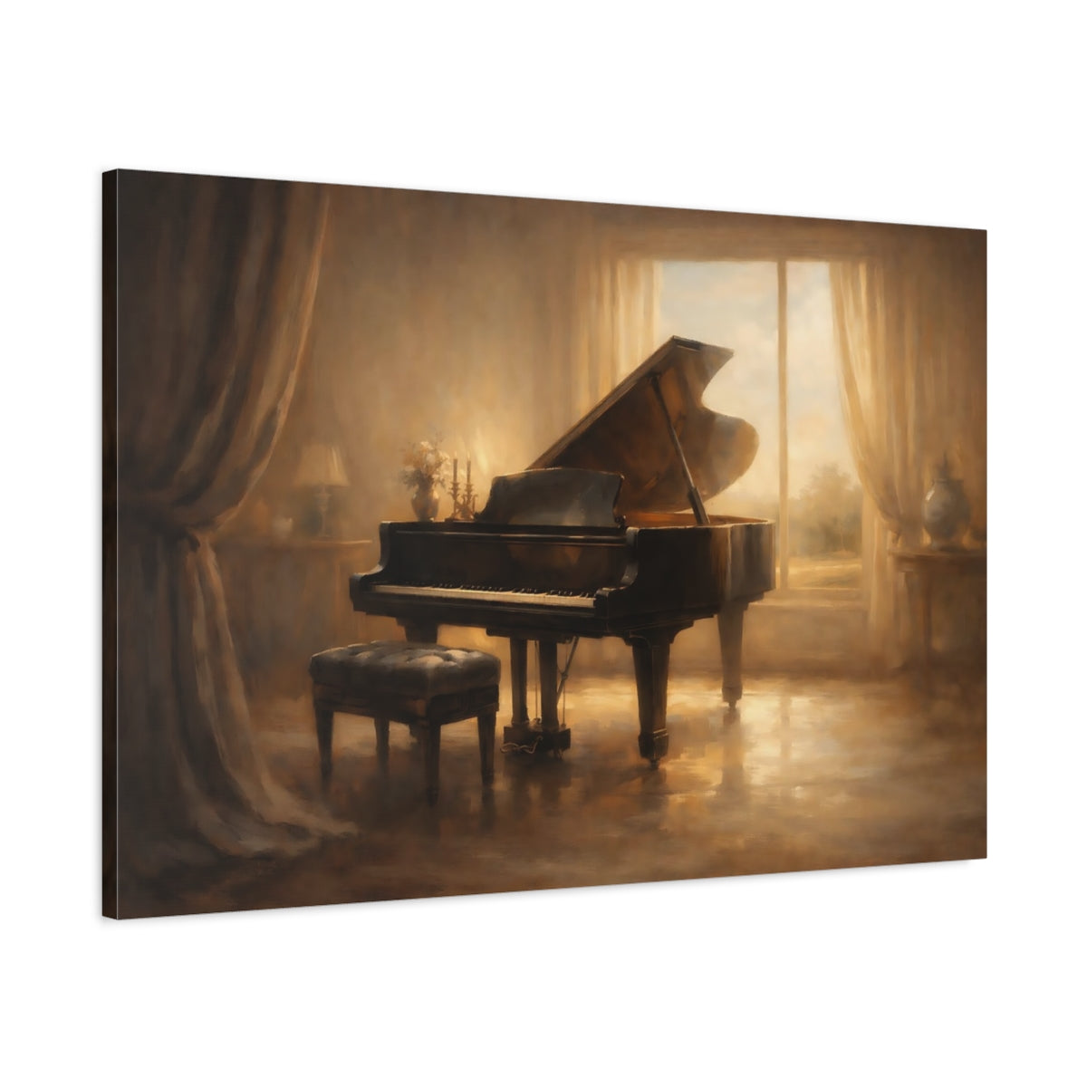 Side Mockup 1. Vintage Grand Piano Brown And Gold shown as stretched canvas wall art