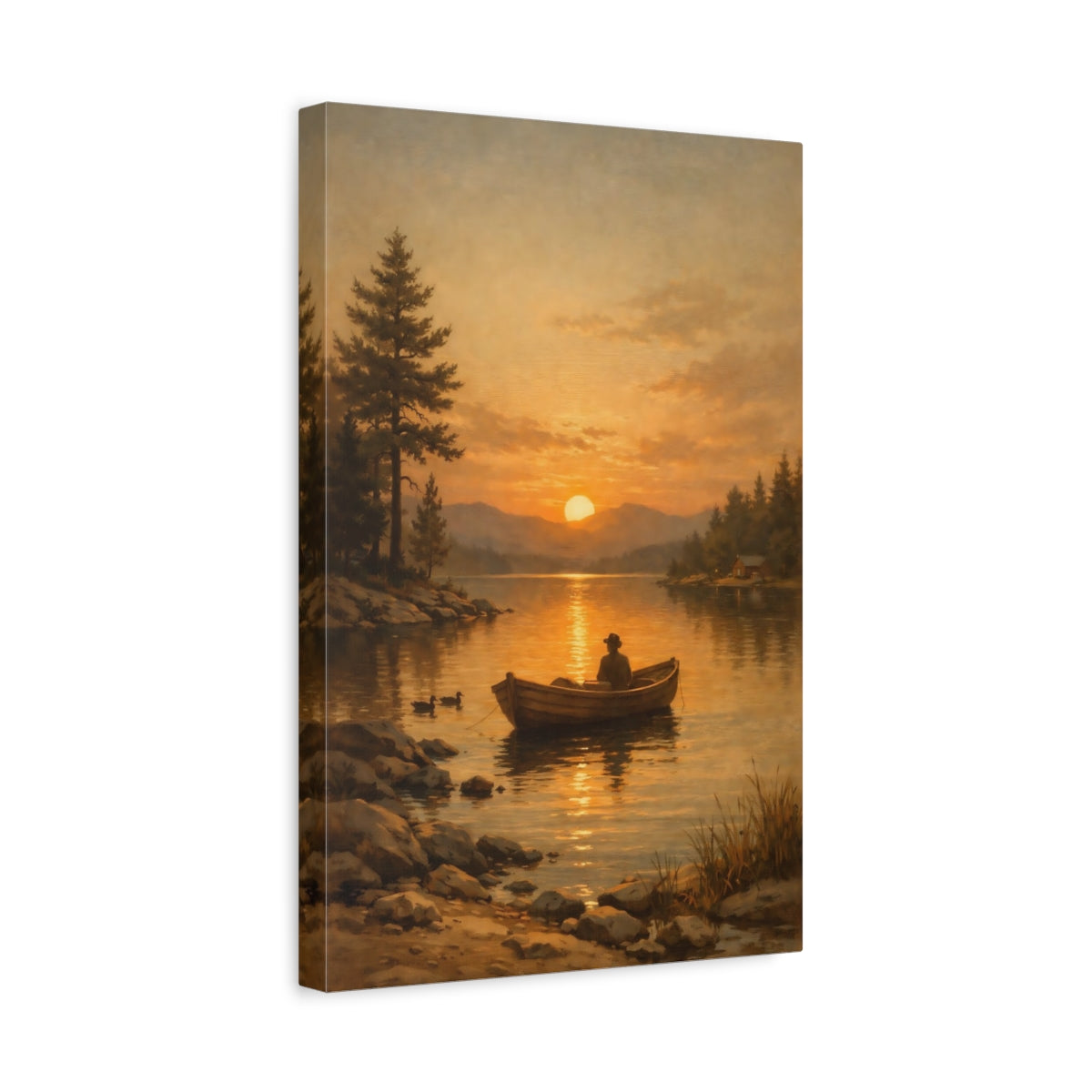 Side Mockup 4. Nature Boater Golden Sunset Lake shown as stretched canvas wall art