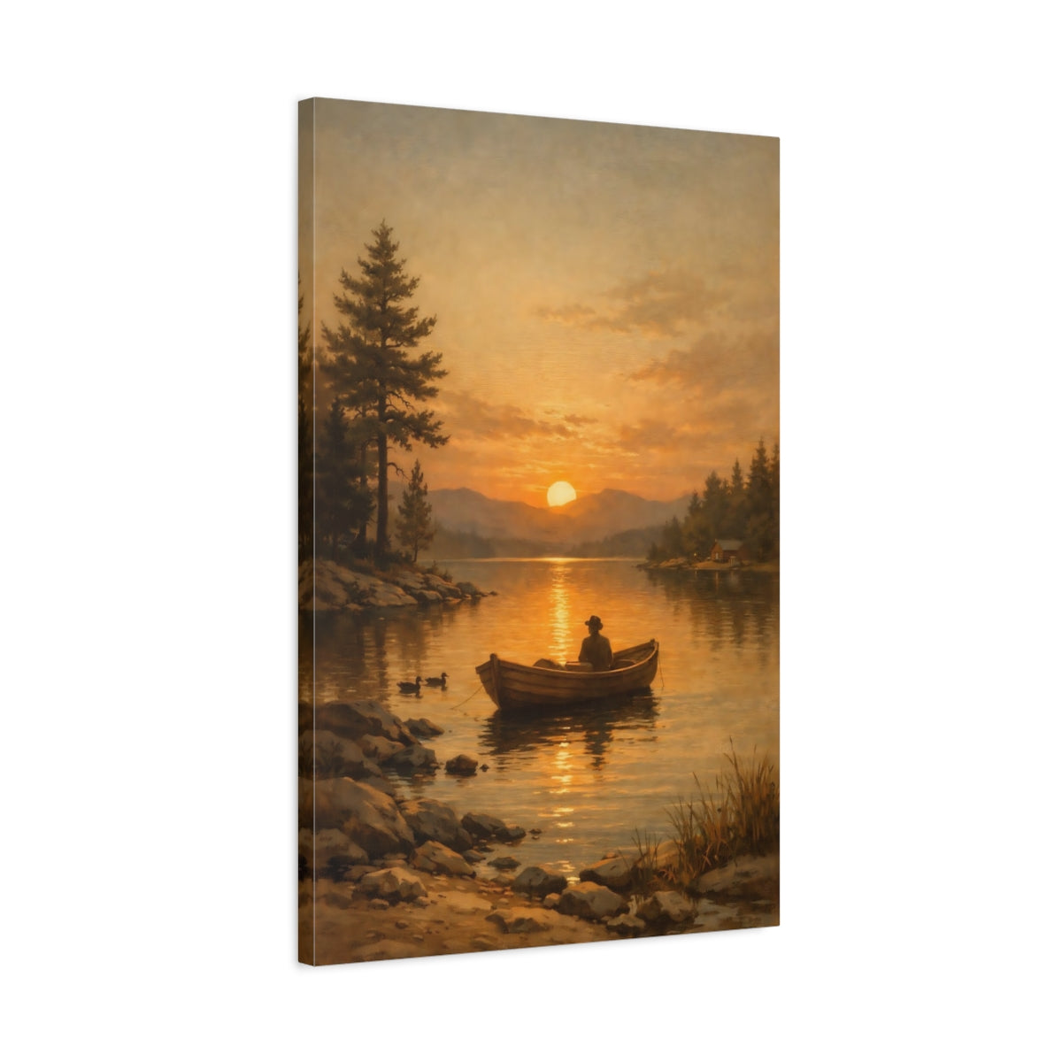 Side Mockup 2. Nature Boater Golden Sunset Lake shown as stretched canvas wall art