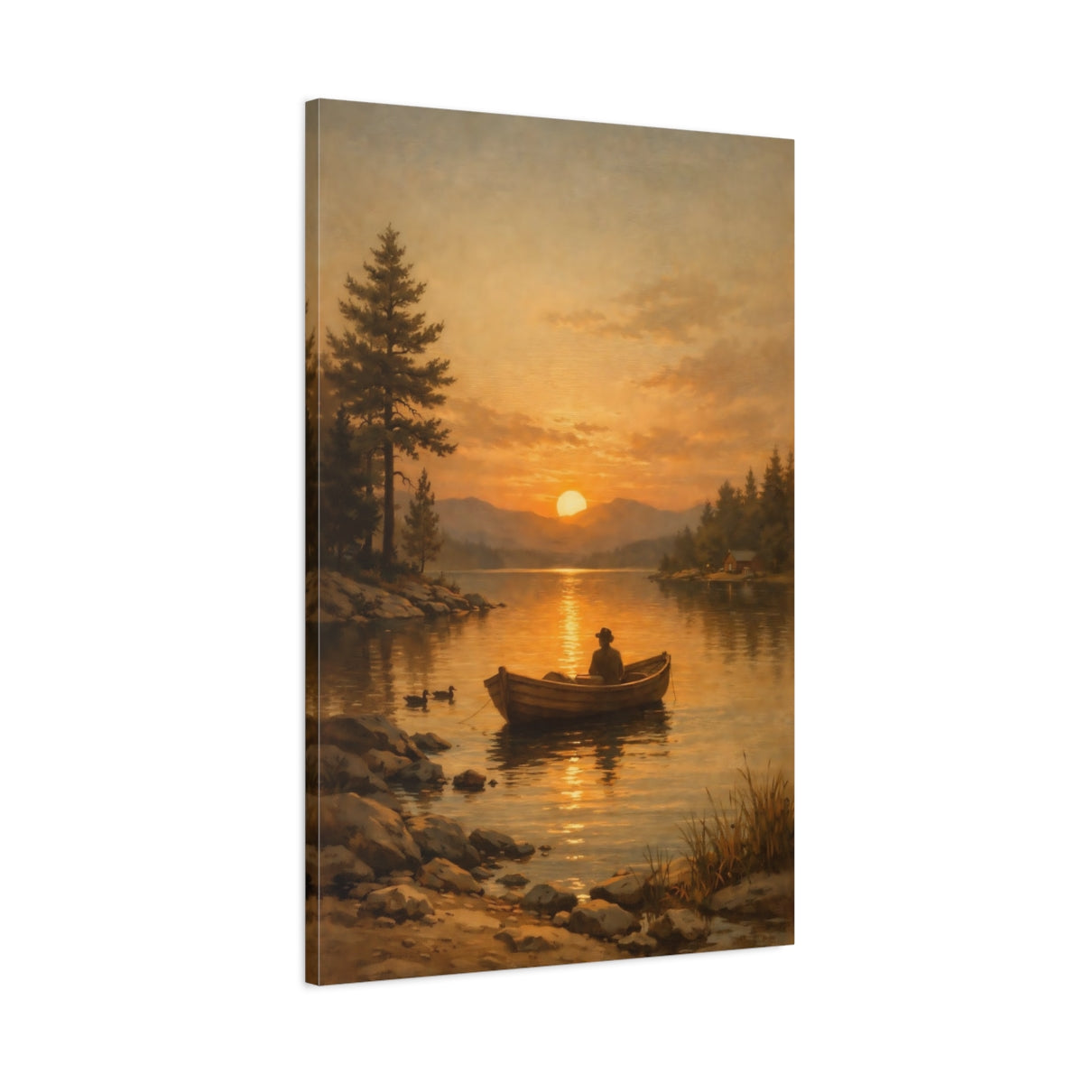 Side Mockup 1. Nature Boater Golden Sunset Lake shown as stretched canvas wall art