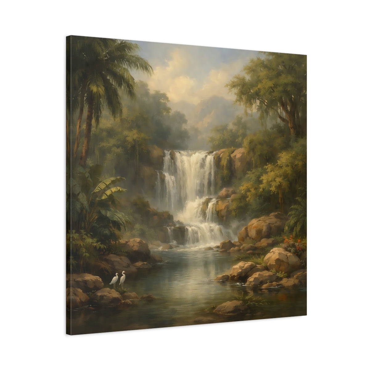 Side Mockup 2. Nature Waterfall Green Jungle Waterfall shown as stretched canvas wall art