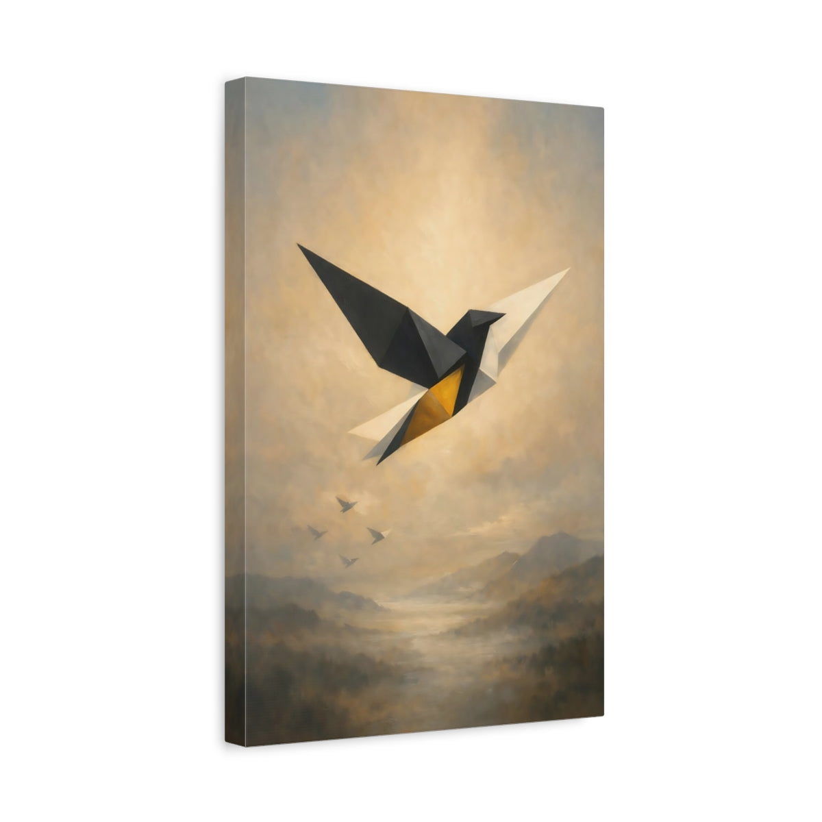 Side Mockup 4. Birds Geometric Bird Black Gold Abstract shown as stretched canvas wall art