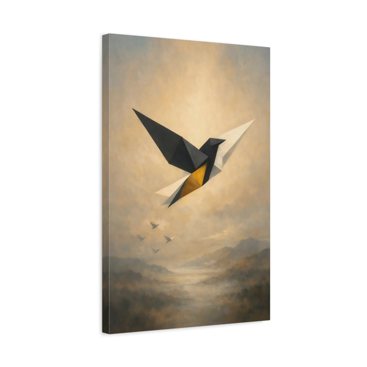 Side Mockup 3. Birds Geometric Bird Black Gold Abstract shown as stretched canvas wall art
