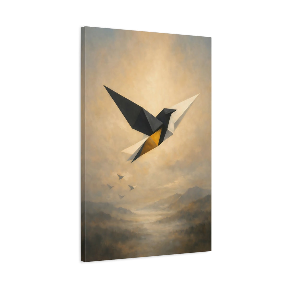 Side Mockup 2. Birds Geometric Bird Black Gold Abstract shown as stretched canvas wall art