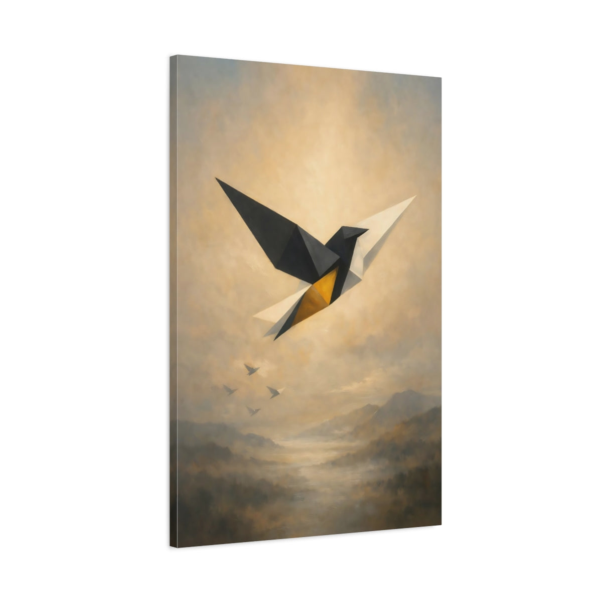 Side Mockup 1. Birds Geometric Bird Black Gold Abstract shown as stretched canvas wall art