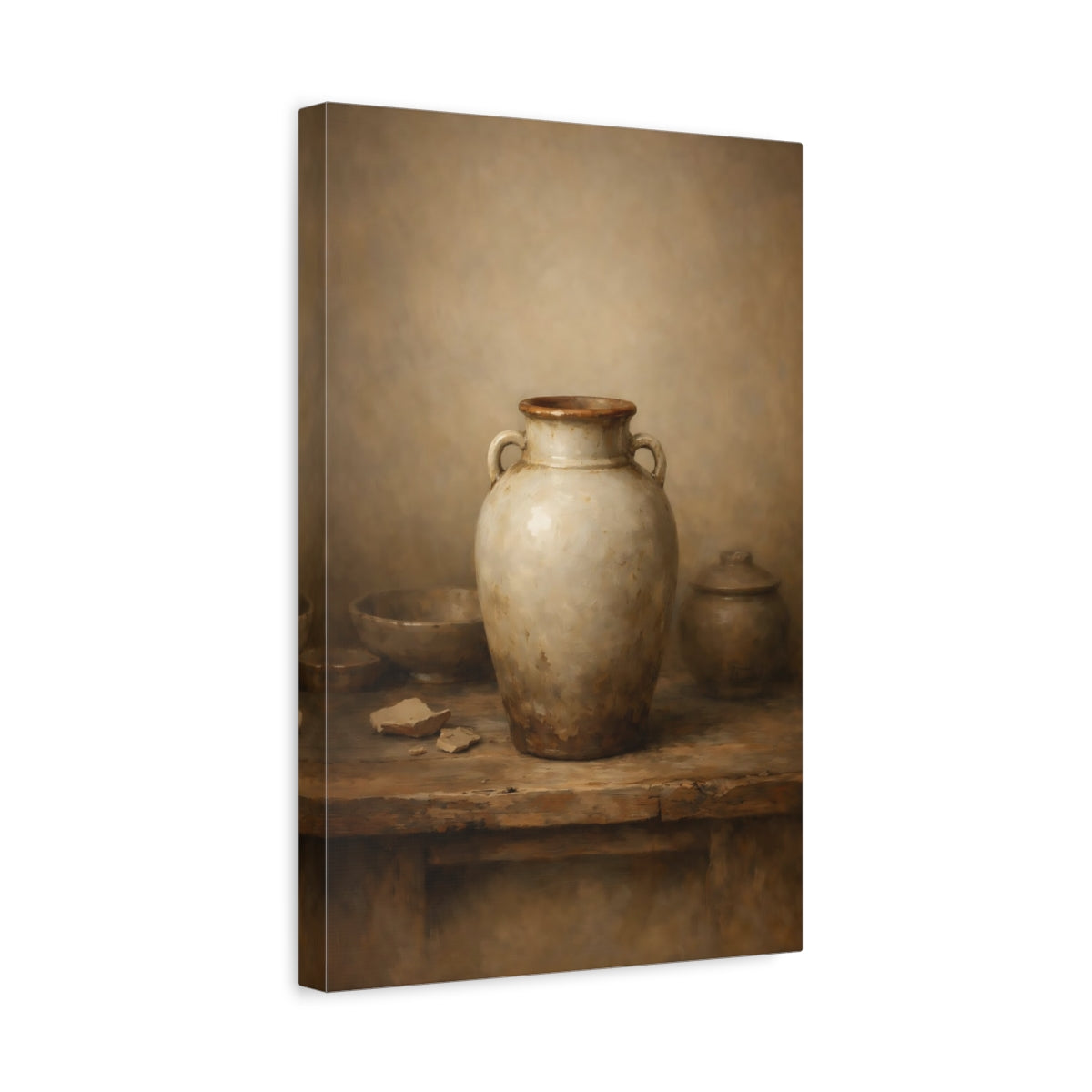 Side Mockup 4. Vintage Earthenware Jar Rustic Pottery shown as stretched canvas wall art
