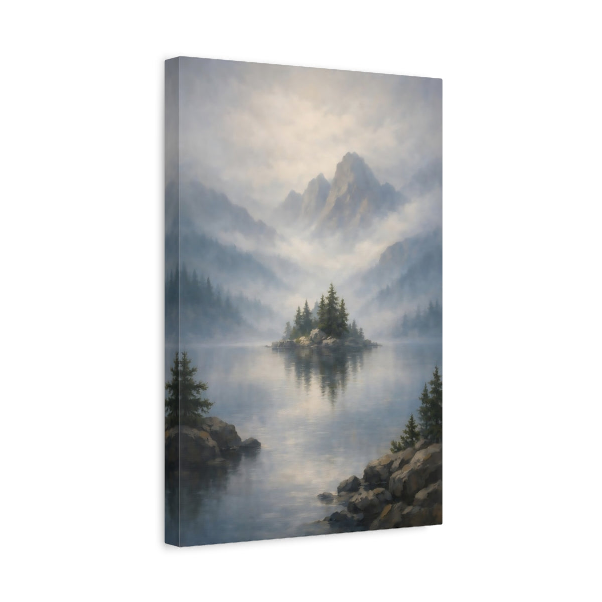 Side Mockup 4. Nature Misty Lake Misty Mountain Lake shown as stretched canvas wall art