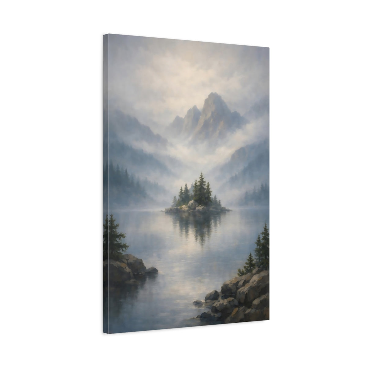 Side Mockup 2. Nature Misty Lake Misty Mountain Lake shown as stretched canvas wall art