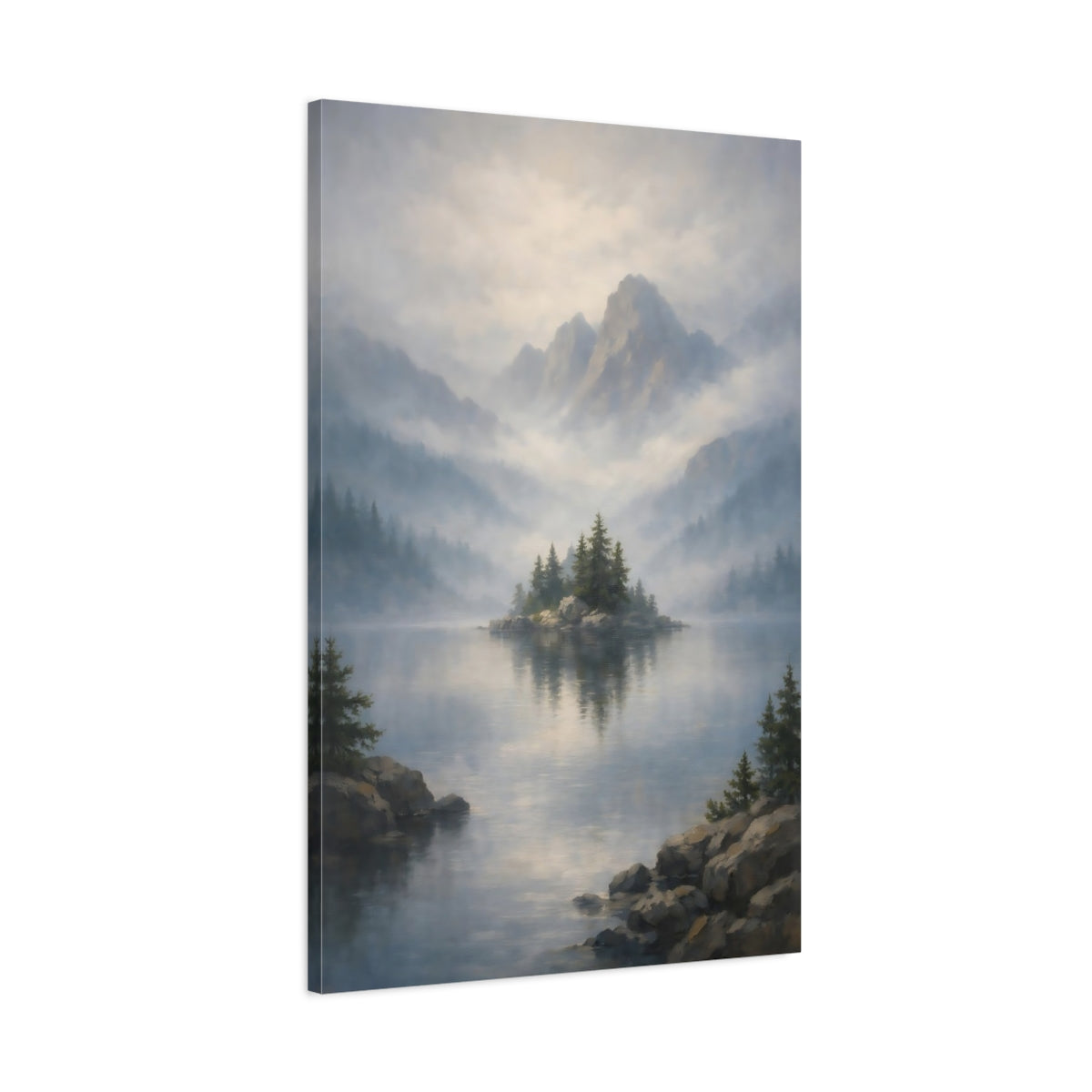 Side Mockup 1. Nature Misty Lake Misty Mountain Lake shown as stretched canvas wall art