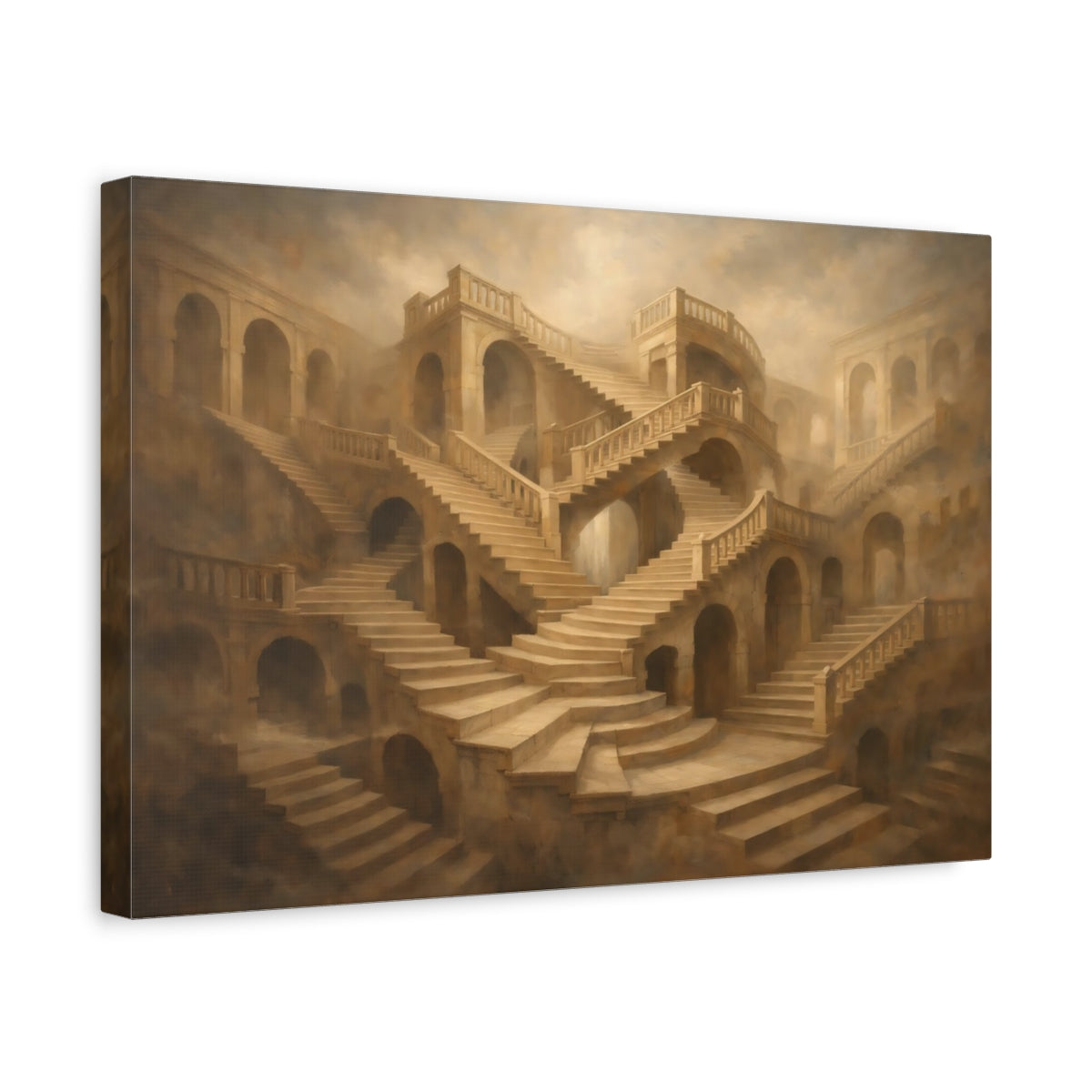 Side Mockup 4. Architectural Endless Stair Illusion Composition shown as stretched canvas wall art