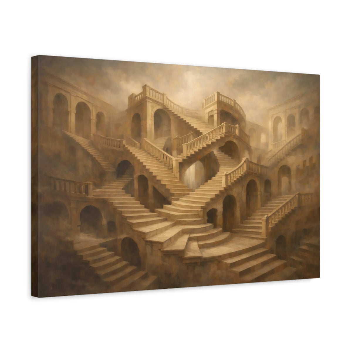 Side Mockup 3. Architectural Endless Stair Illusion Composition shown as stretched canvas wall art
