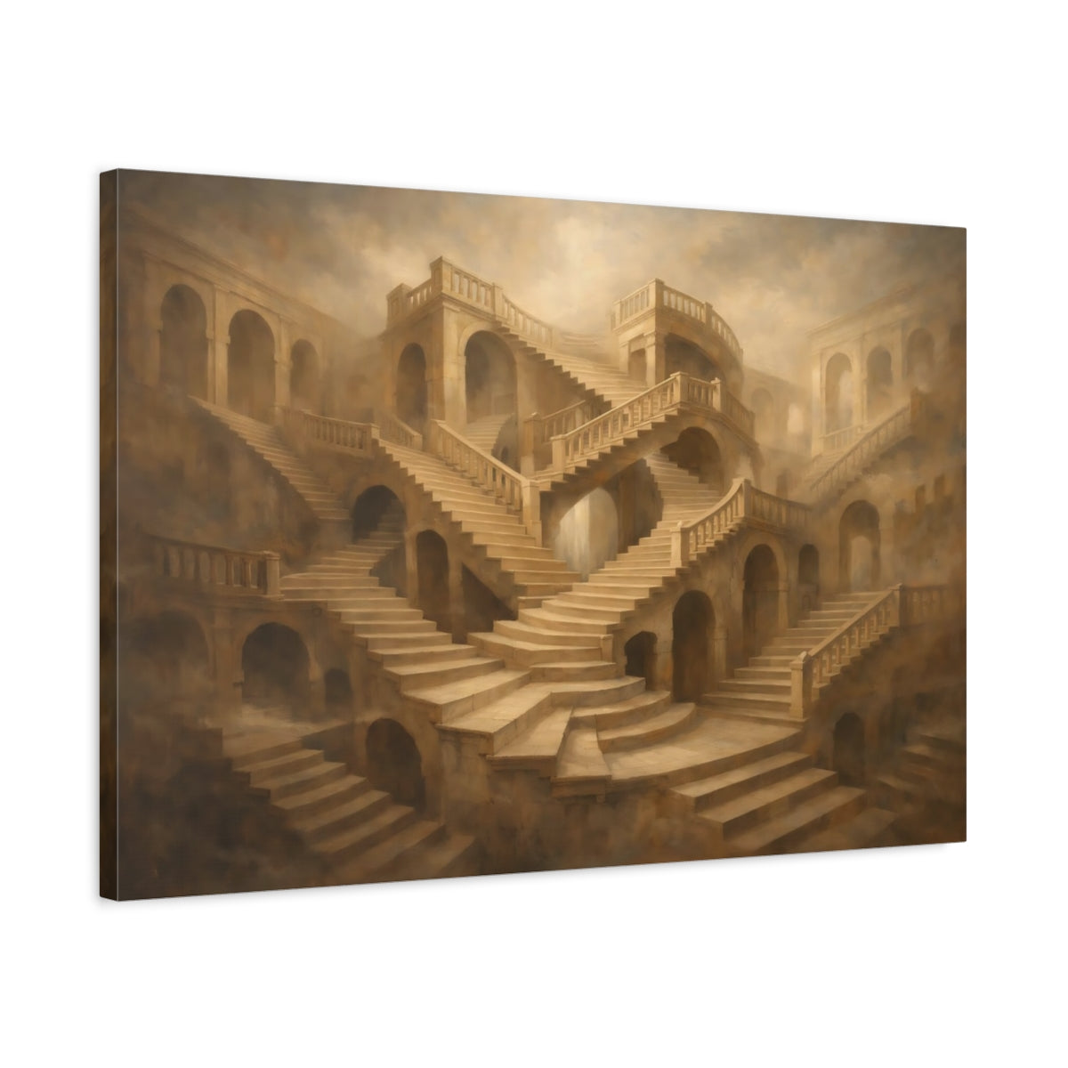 Side Mockup 2. Architectural Endless Stair Illusion Composition shown as stretched canvas wall art