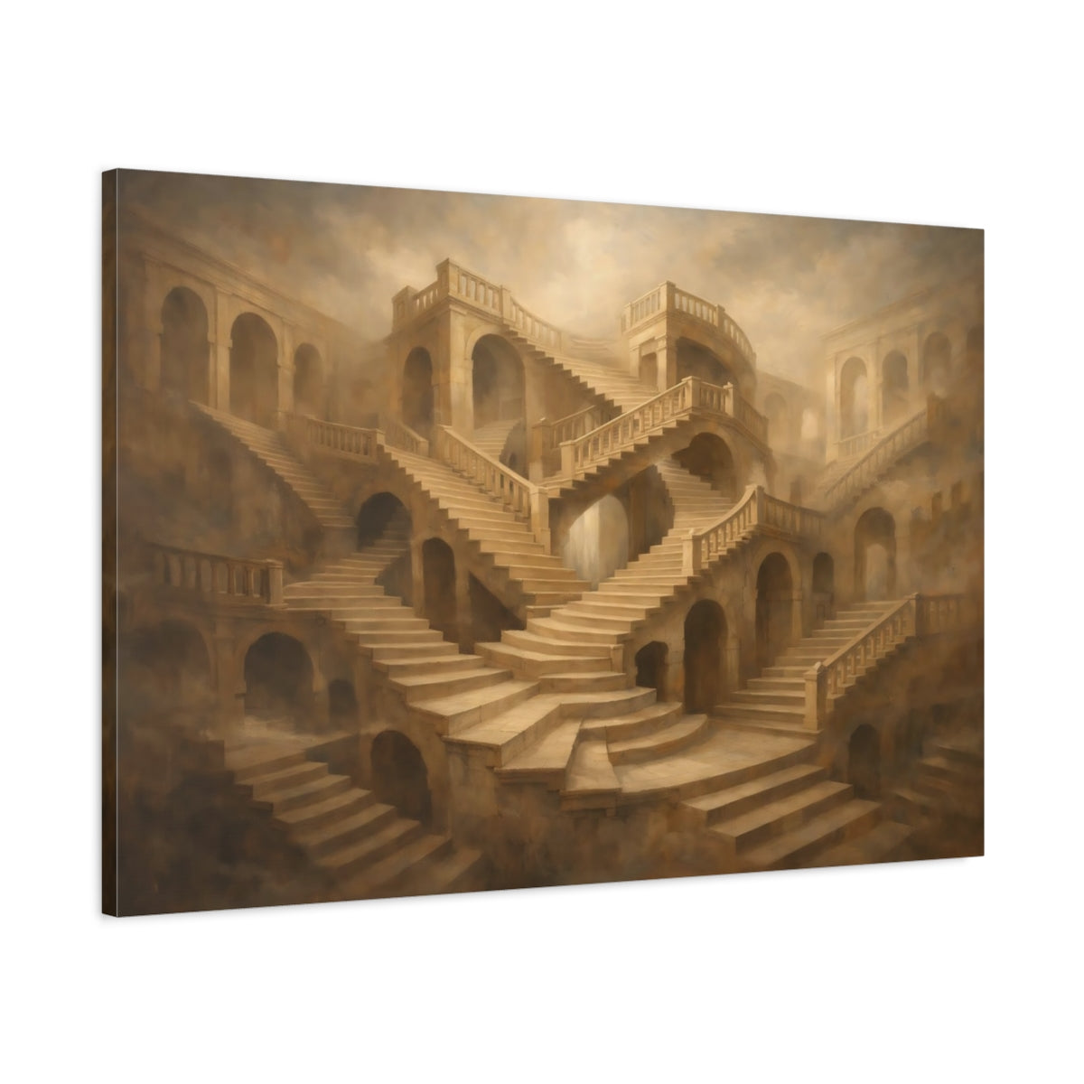 Side Mockup 1. Architectural Endless Stair Illusion Composition shown as stretched canvas wall art