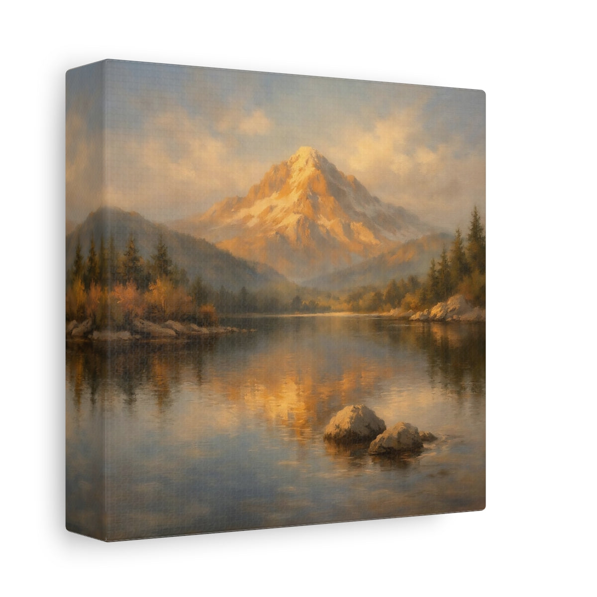 Side Mockup 1. Nature Mountain Lake Golden Mountain Lake shown as stretched canvas wall art