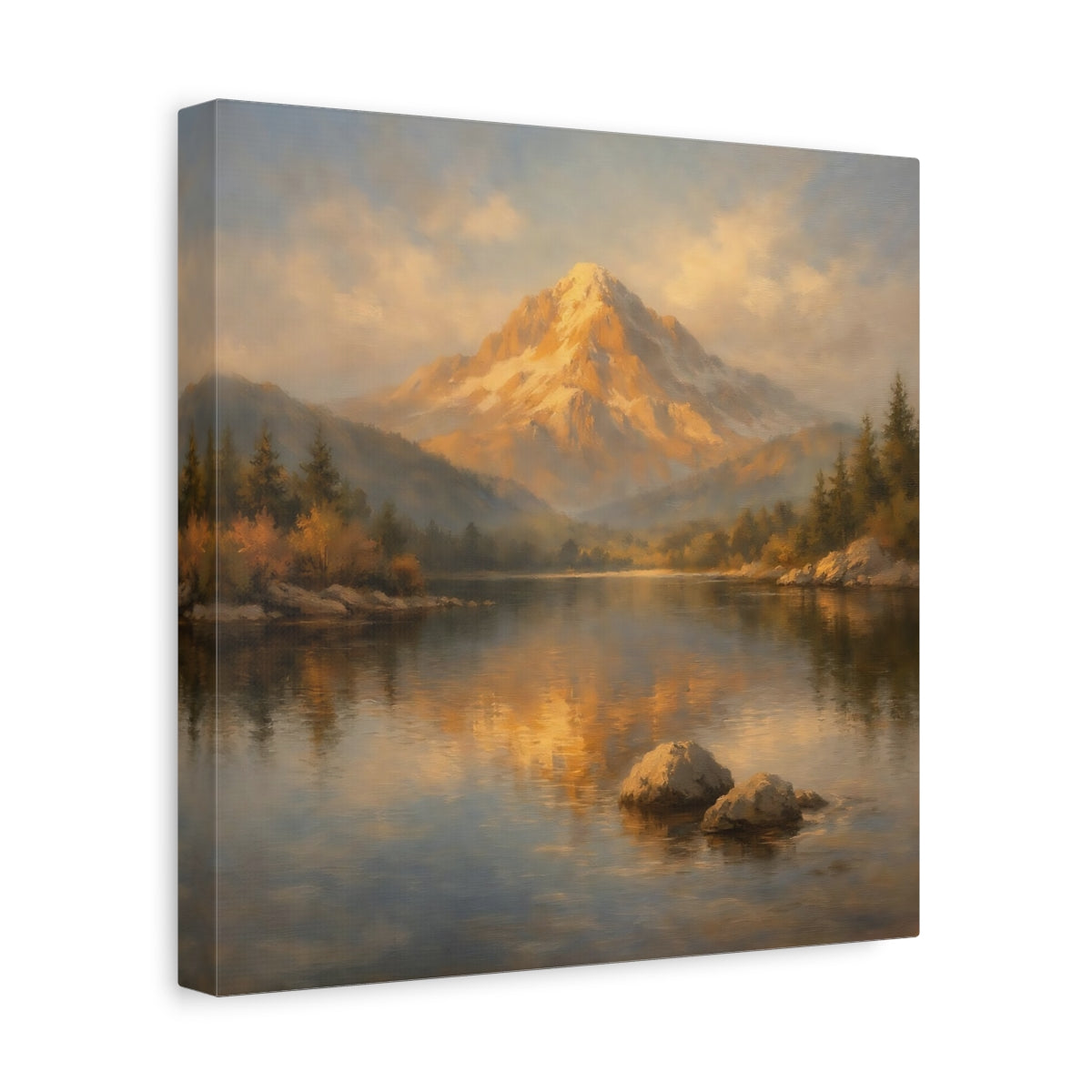 Side Mockup 8. Nature Mountain Lake Golden Mountain Lake shown as stretched canvas wall art