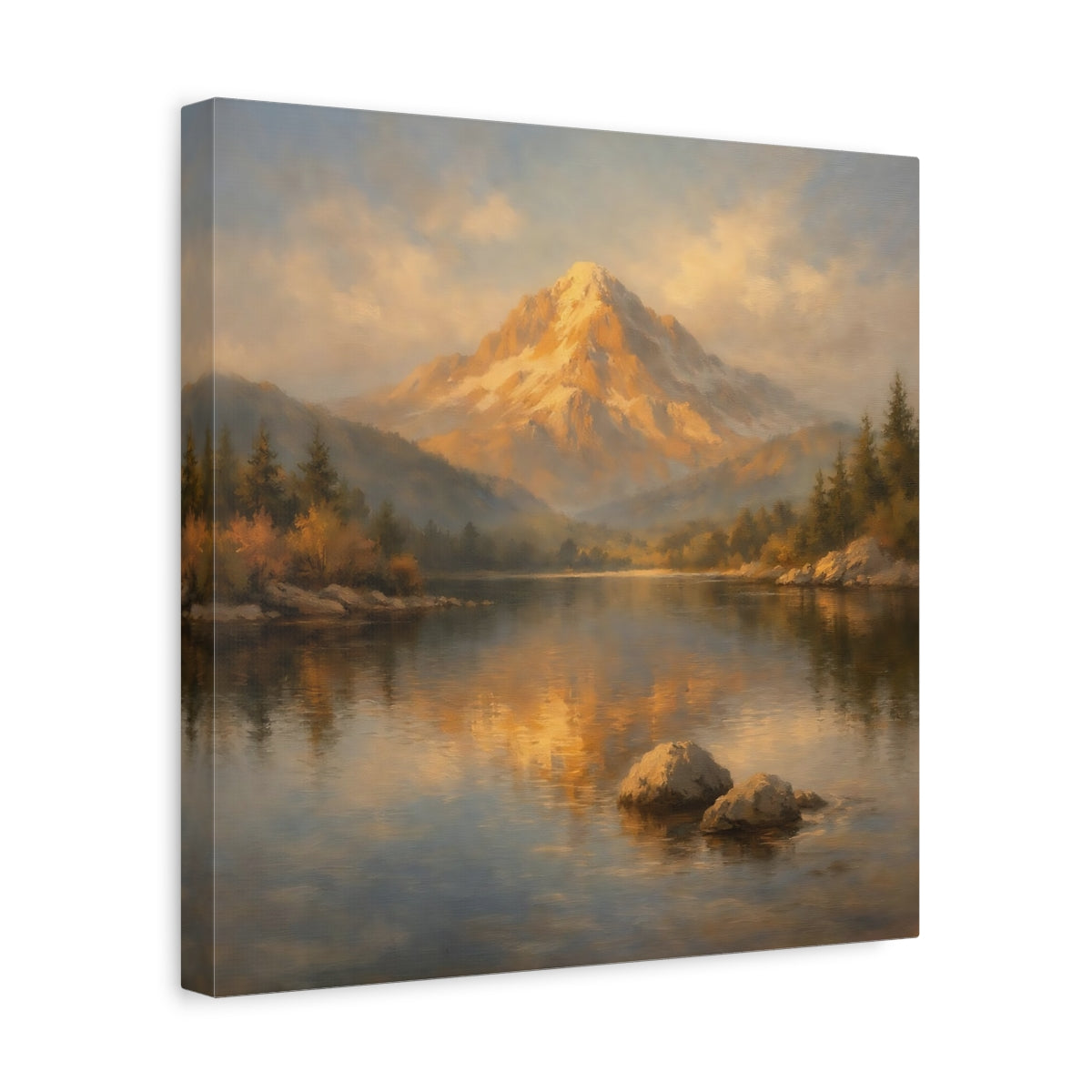 Side Mockup 7. Nature Mountain Lake Golden Mountain Lake shown as stretched canvas wall art