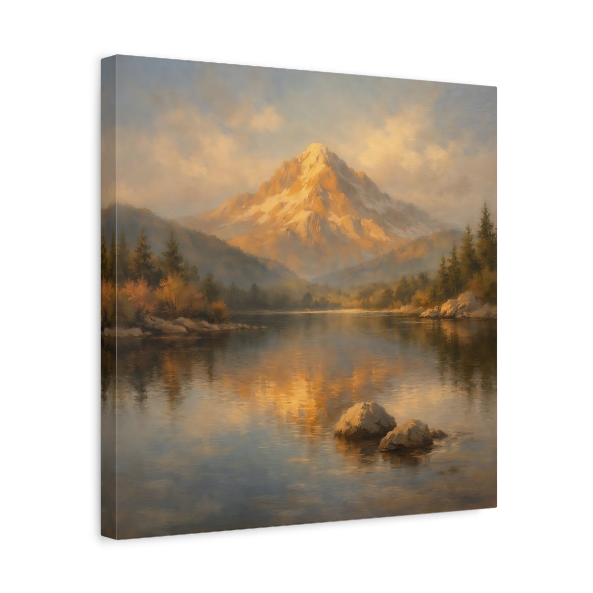 Side Mockup 6. Nature Mountain Lake Golden Mountain Lake shown as stretched canvas wall art