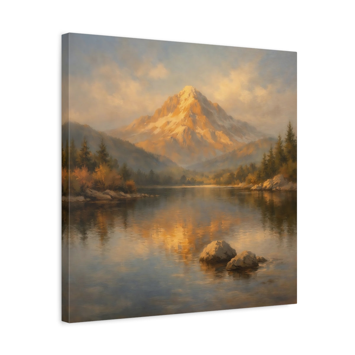 Side Mockup 5. Nature Mountain Lake Golden Mountain Lake shown as stretched canvas wall art