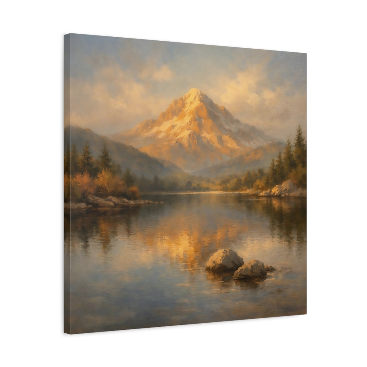 Side Mockup 4. Nature Mountain Lake Golden Mountain Lake shown as stretched canvas wall art