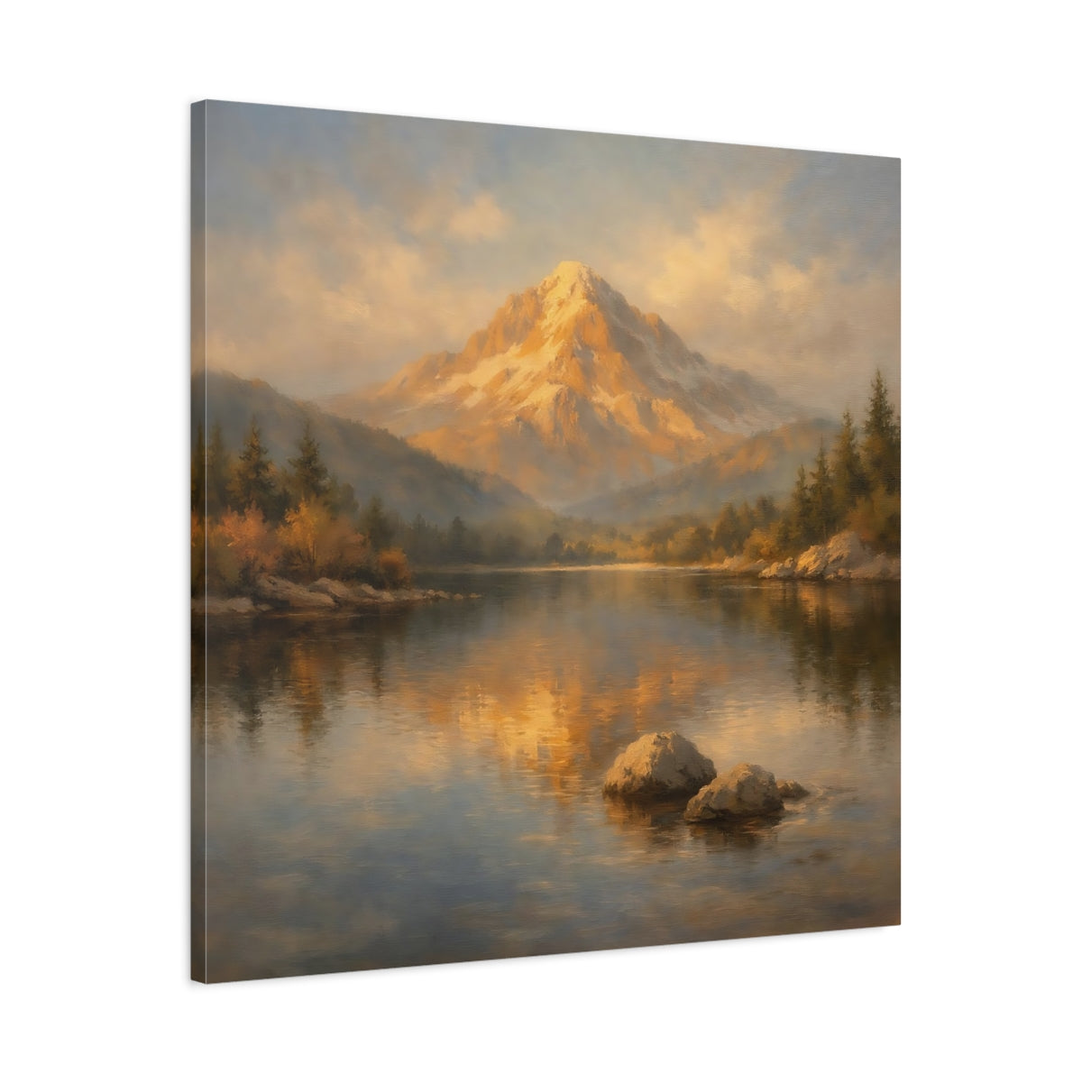 Side Mockup 3. Nature Mountain Lake Golden Mountain Lake shown as stretched canvas wall art