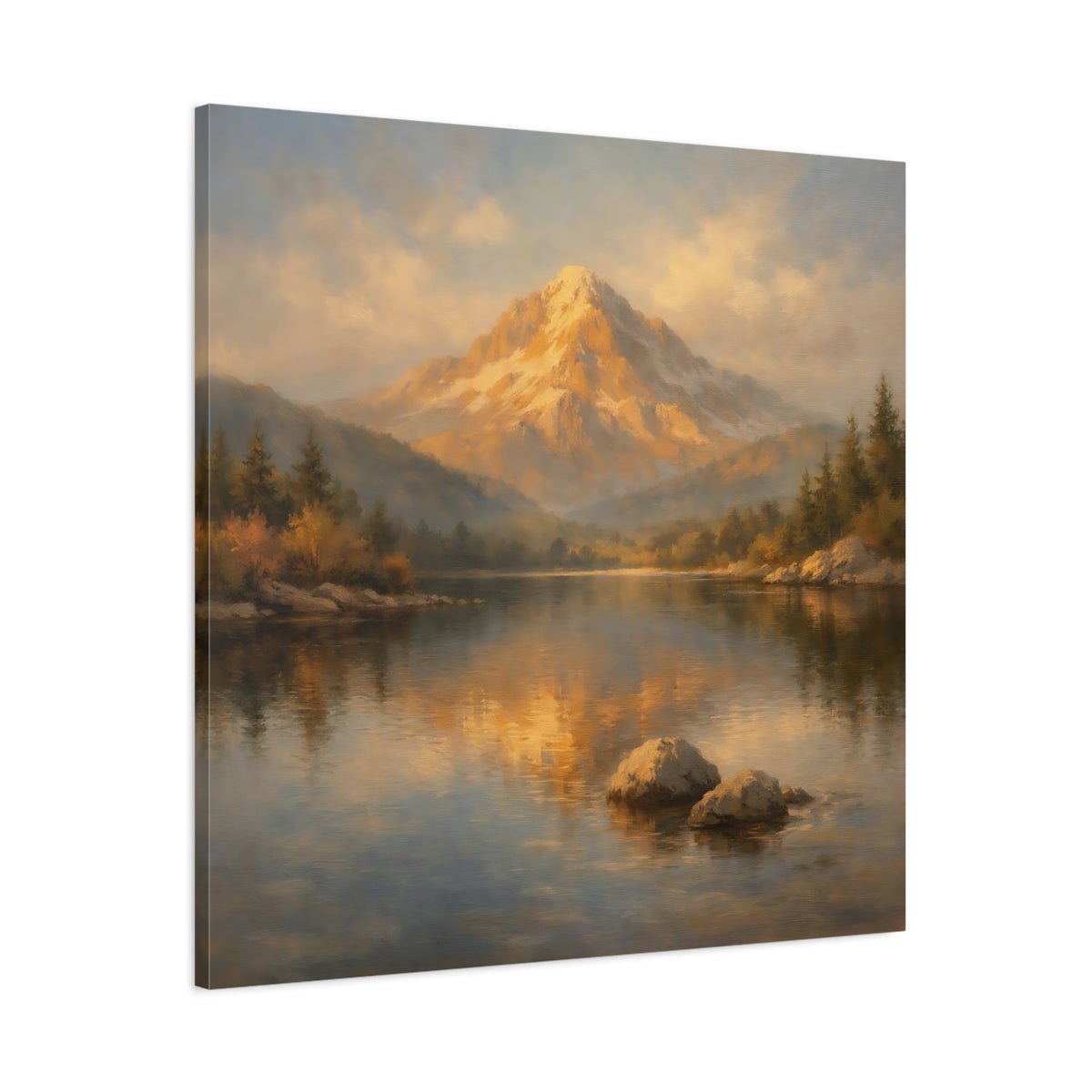 Side Mockup 2. Nature Mountain Lake Golden Mountain Lake shown as stretched canvas wall art