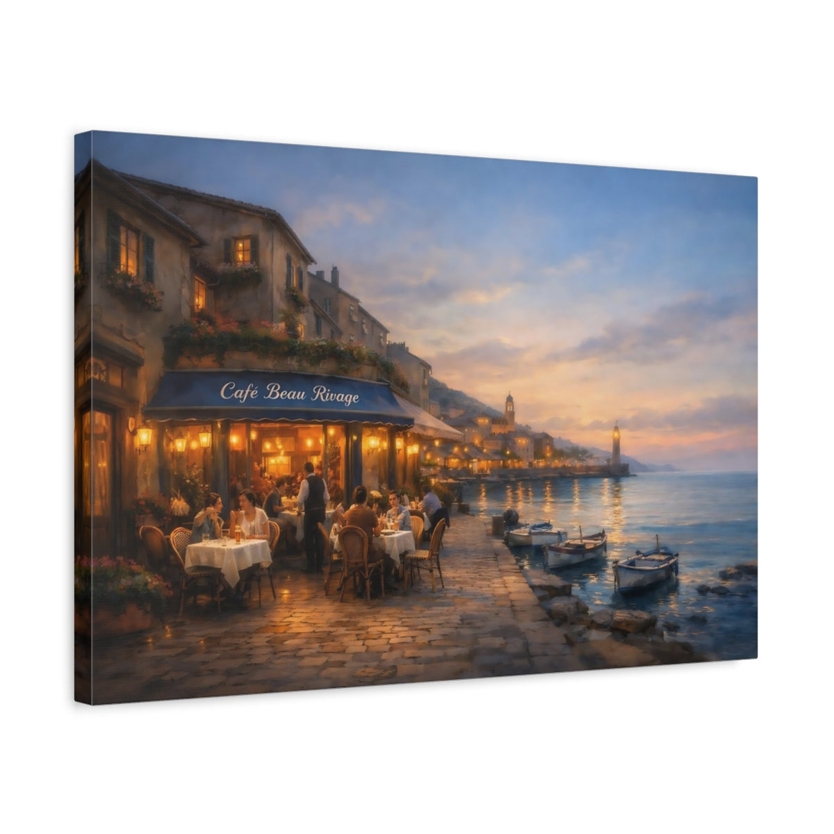 Paysage Marin Bistro Européen Rue Café du Bord de Mer Vintage - Impression sur Toile